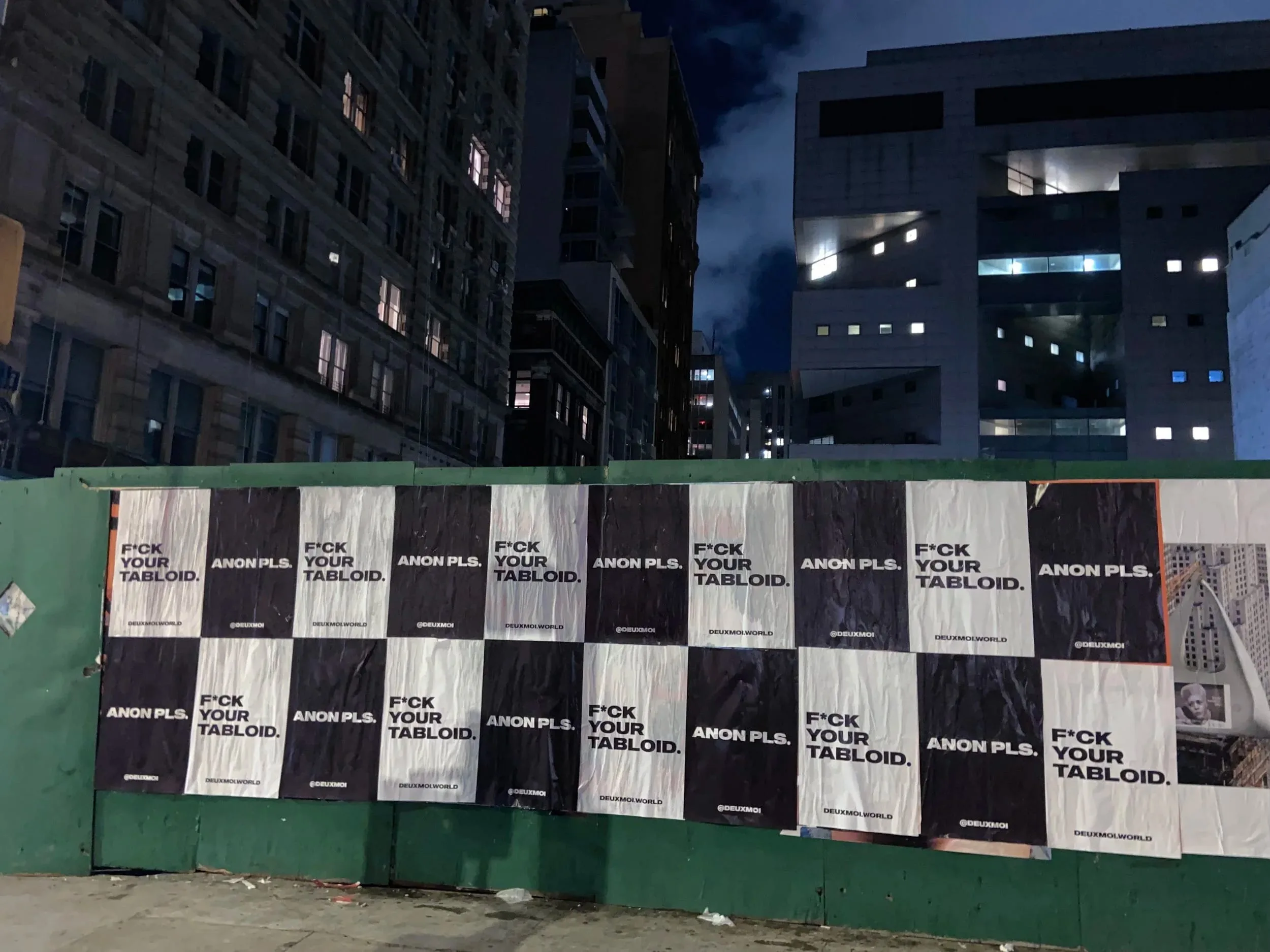 Anon Pls 'F*CK YOUR TABLOID' wheatpaste on construction hoarding in New York City, NY