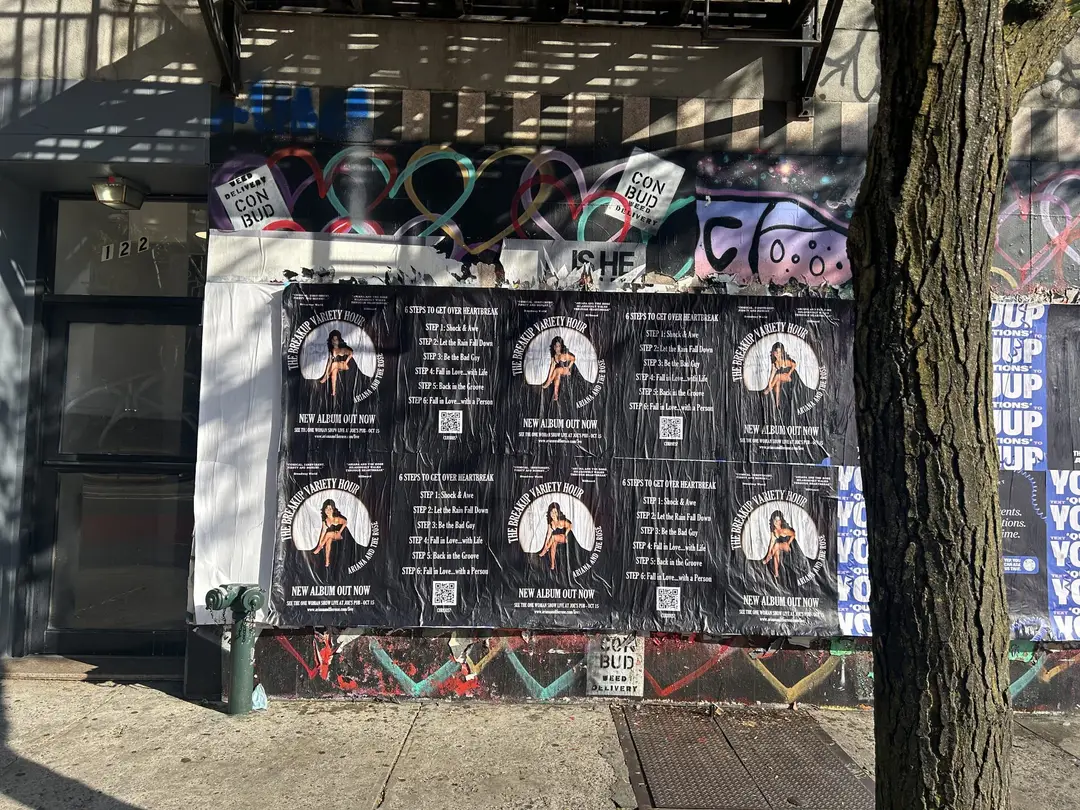 Ariana and the Rose 'The Breakup Variety Hour' wheatpaste album posters on Manhattan's Lower East Side, documented street install, by Beyond Street Media (photo 8 of 9).