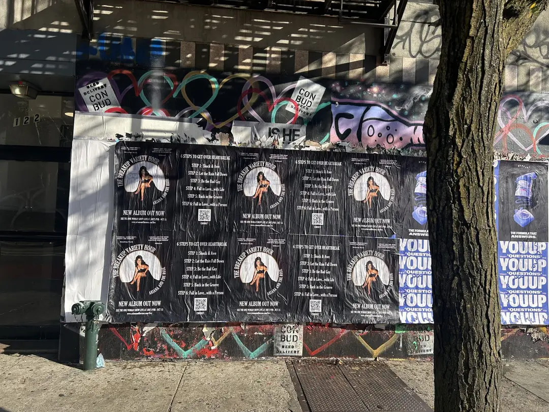 Ariana and the Rose 'The Breakup Variety Hour' wheatpaste album posters on Manhattan's Lower East Side, documented street install, by Beyond Street Media (photo 9 of 9).