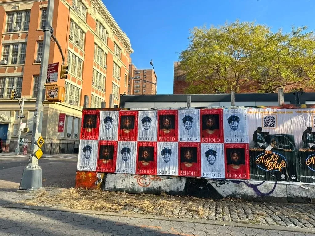 Maria Magdalena Campos-Pons BEHOLD exhibition wheatpaste poster grid in New York City