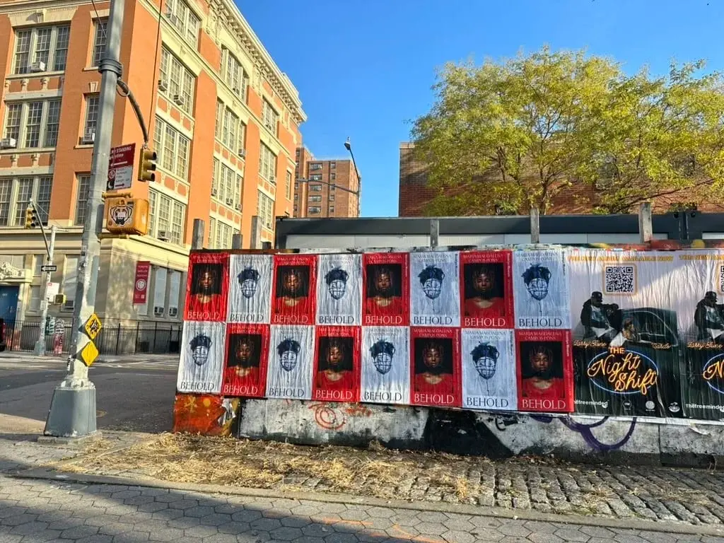 Maria Magdalena Campos-Pons BEHOLD exhibition wheatpaste poster grid in New York City