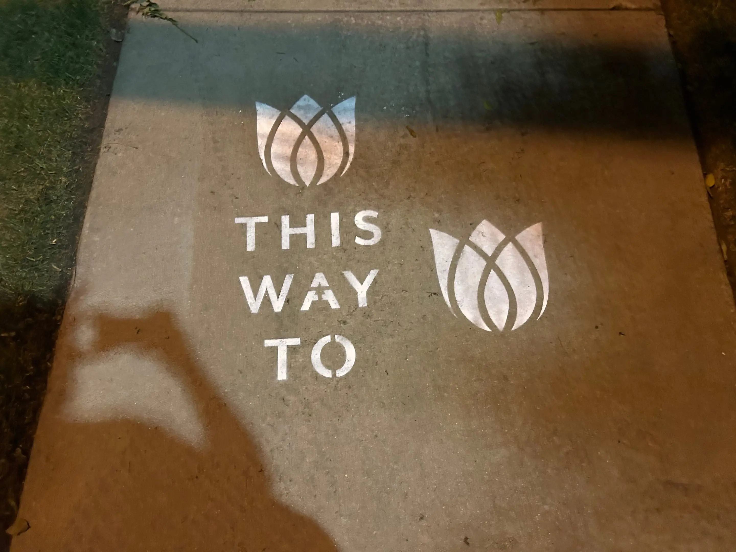Sidewalk stencil install for Bloomeffects 'Tulip Powered Skincare' on New York City sidewalk in New York City - white stencil with tulip flower mark on concrete by Beyond Street Media