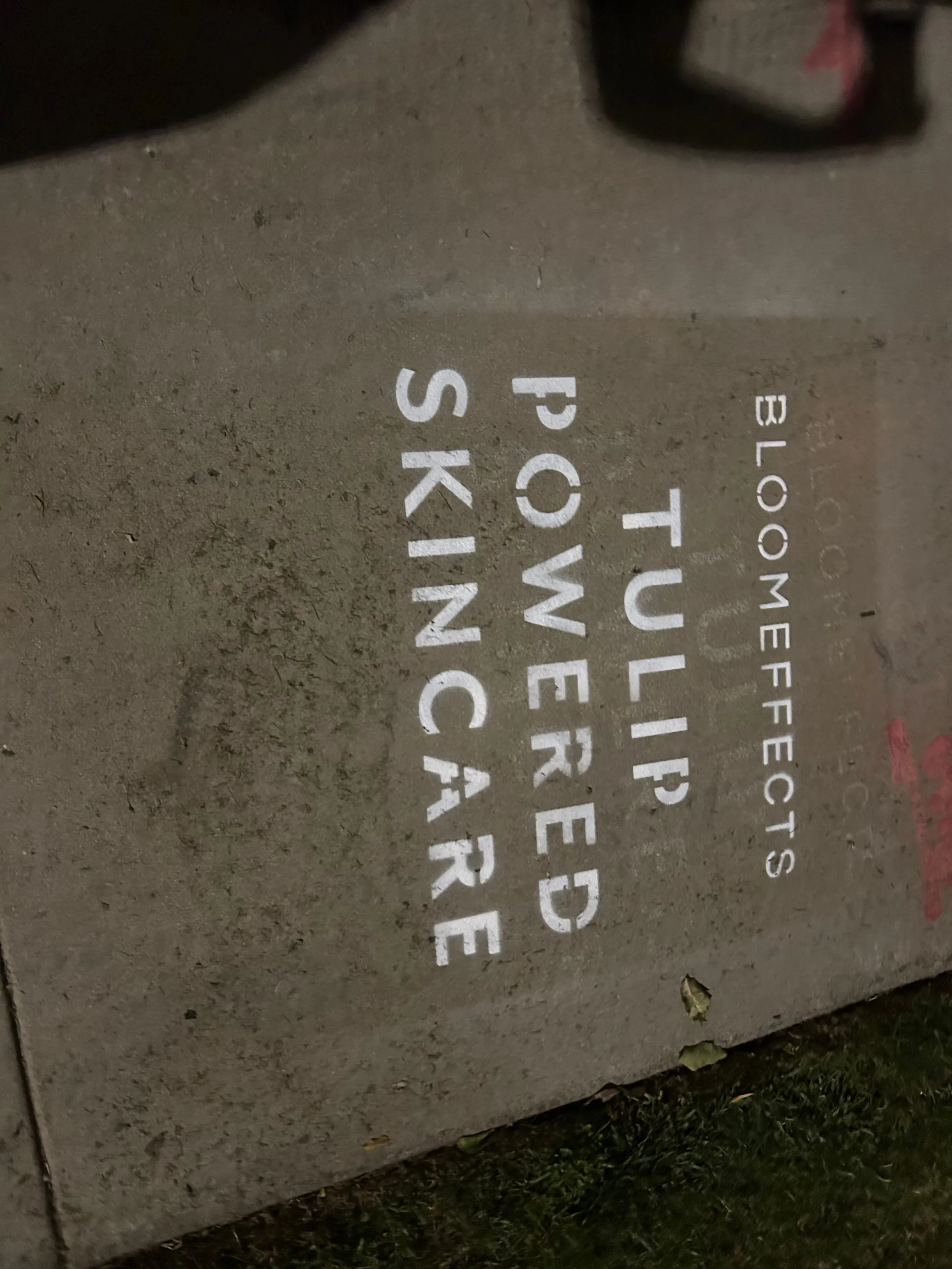Sidewalk stencil install for Bloomeffects 'Tulip Powered Skincare' on New York City sidewalk in New York City — white stencil with tulip flower mark on concrete by Beyond Street Media