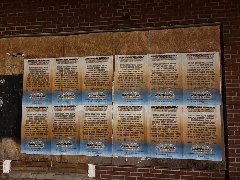 Breakaway Music Festival posters along the Charlotte Rail Trail corridor at Camden Rd, South End