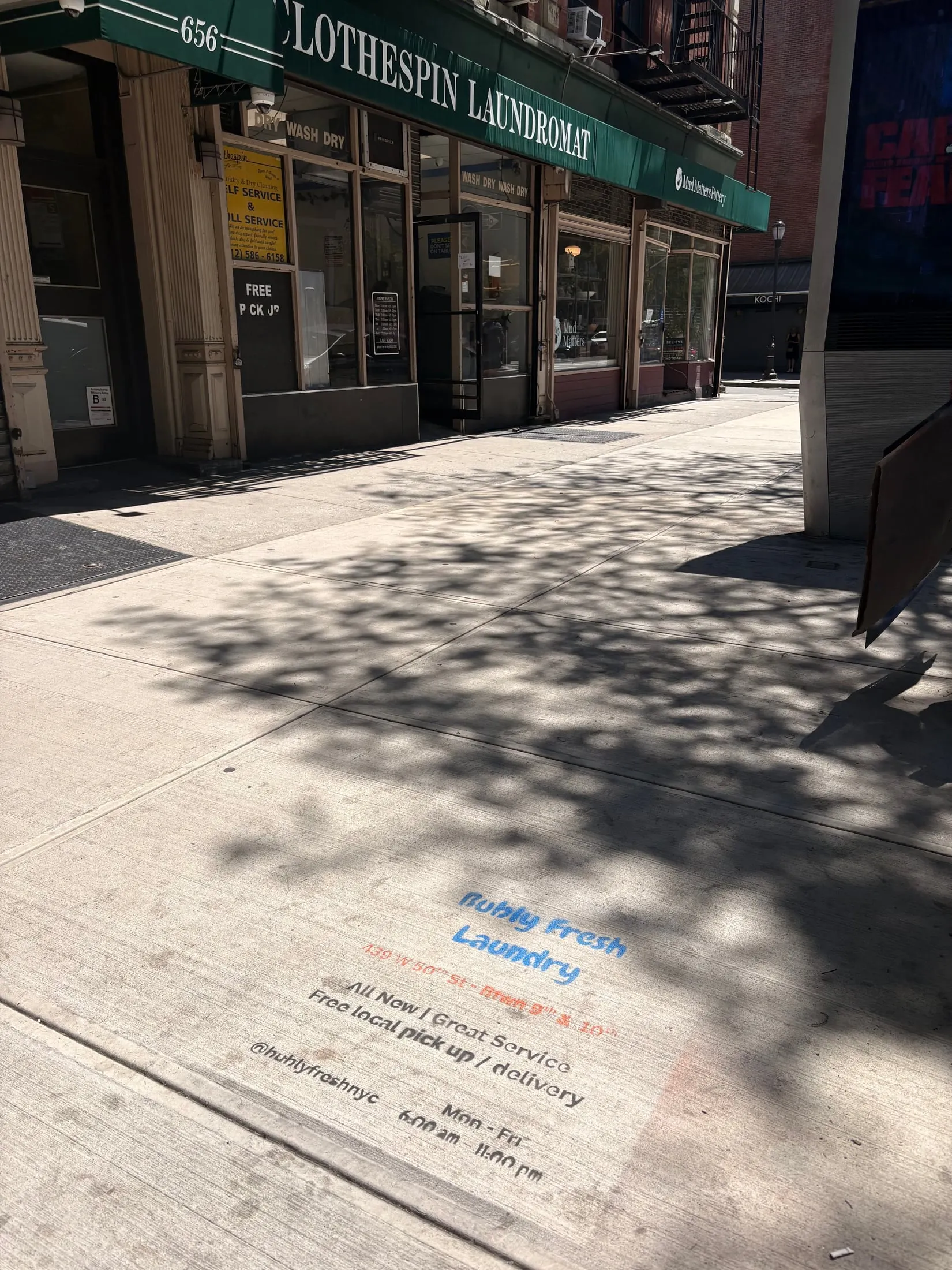 Bubly Fresh Laundry chalk sidewalk stencil in Hell's Kitchen, Manhattan (New York City, NY) by Beyond Street Media
