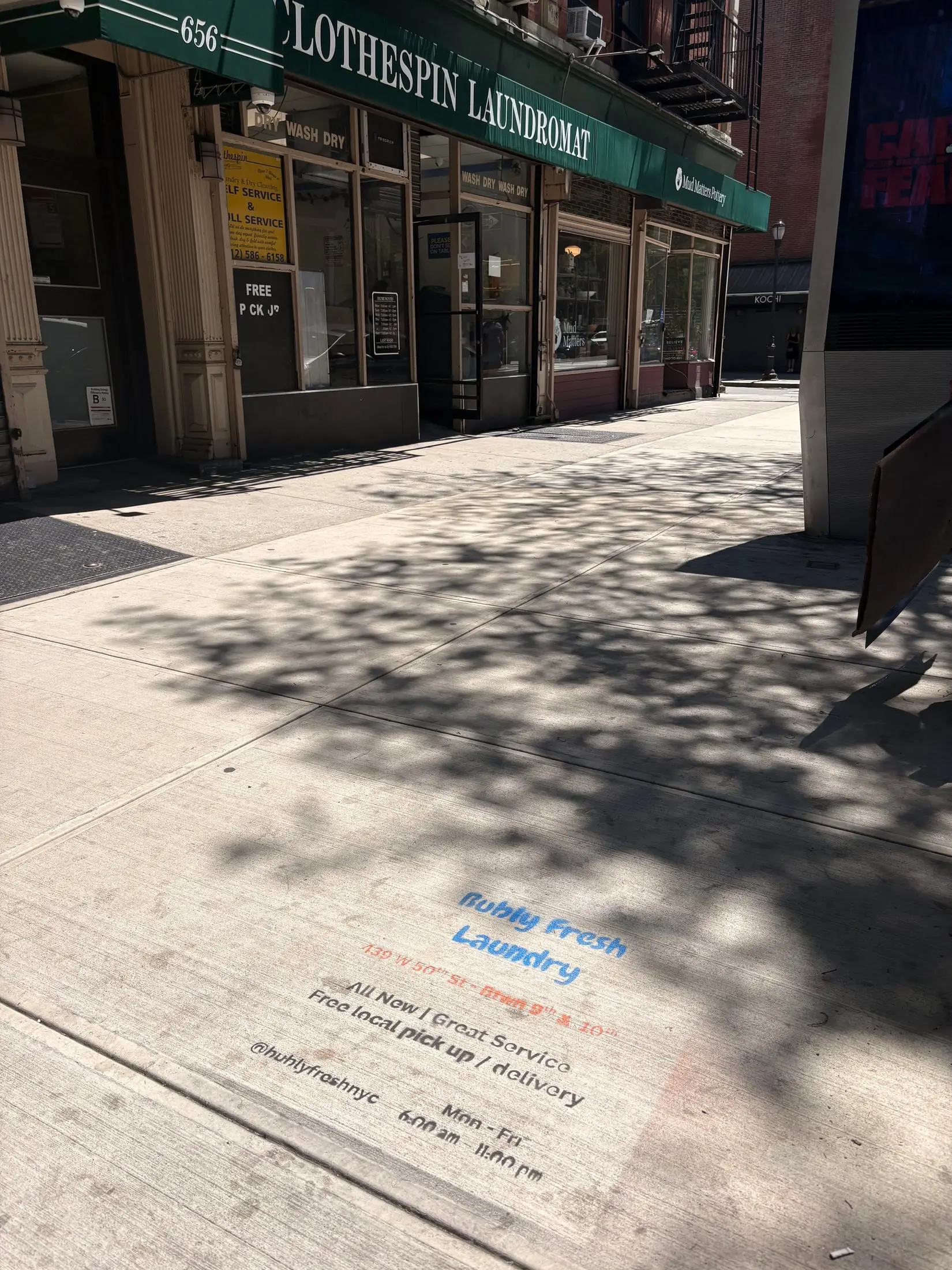 Bubly Fresh Laundry chalk sidewalk stencil in Hell's Kitchen, Manhattan (New York City, NY) by Beyond Street Media