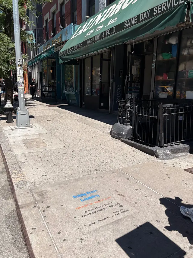 Bubly Fresh Laundry chalk sidewalk stencil in Hell's Kitchen, Manhattan (New York City, NY) by Beyond Street Media (photo 2 of 12).