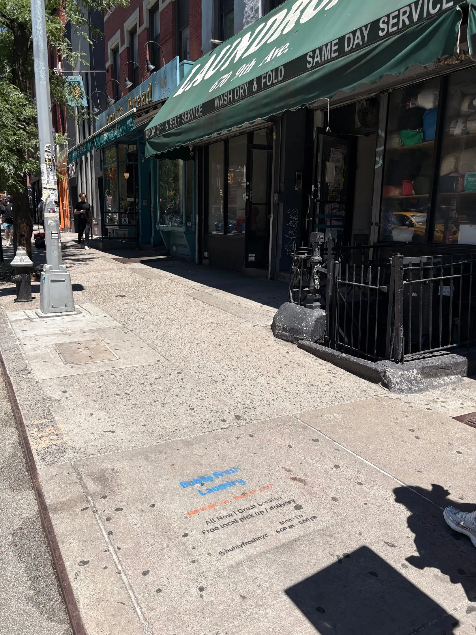 Bubly Fresh Laundry chalk sidewalk stencil in Hell's Kitchen, Manhattan (New York City, NY) by Beyond Street Media