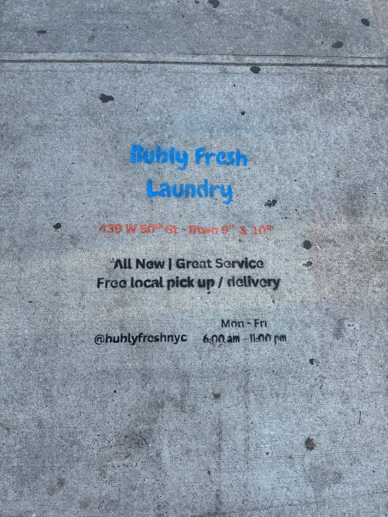 Bubly Fresh Laundry chalk sidewalk stencil in Hell's Kitchen, Manhattan (New York City, NY) by Beyond Street Media