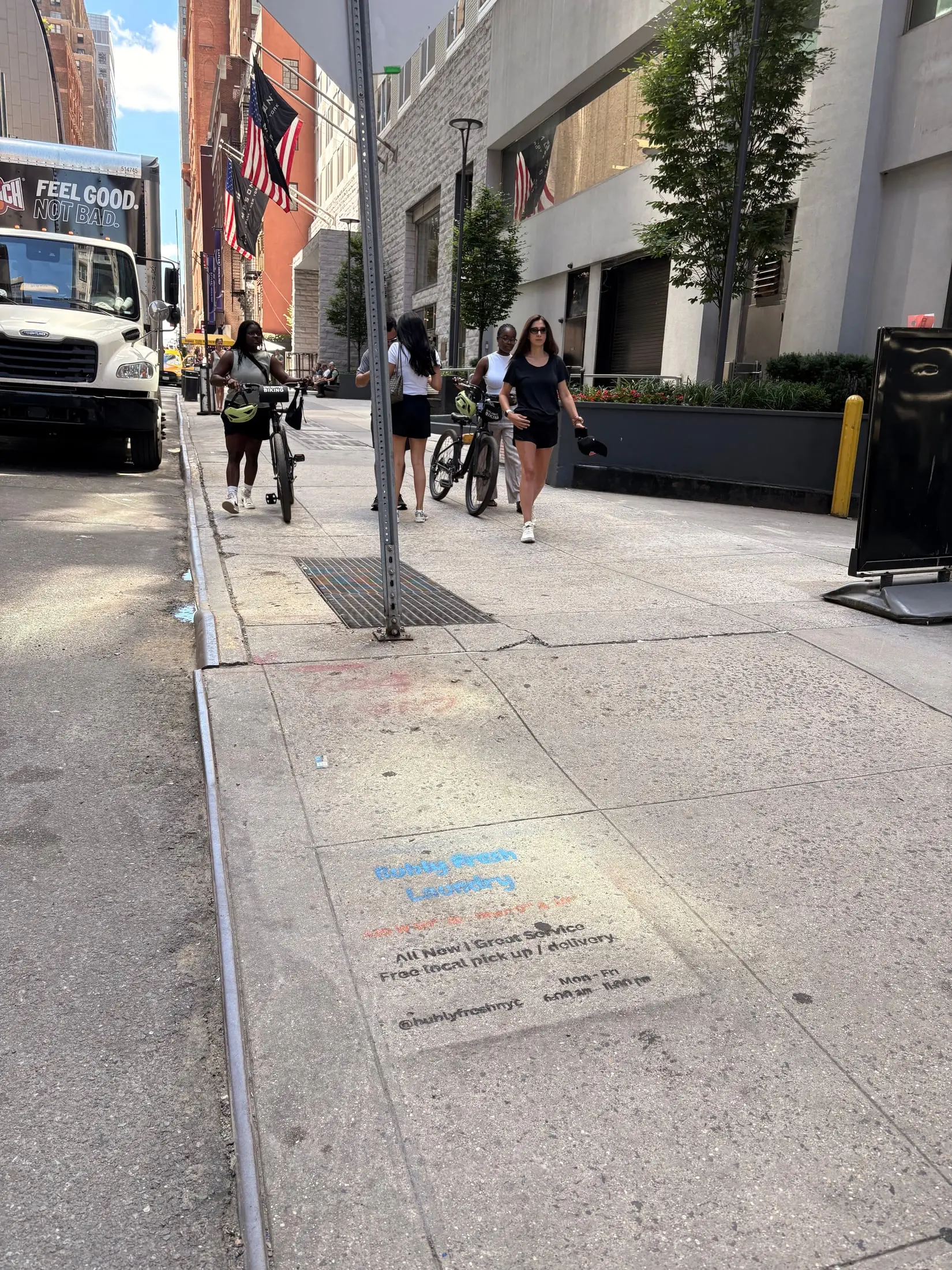 Bubly Fresh Laundry chalk sidewalk stencil in Hell's Kitchen, Manhattan (New York City, NY) by Beyond Street Media