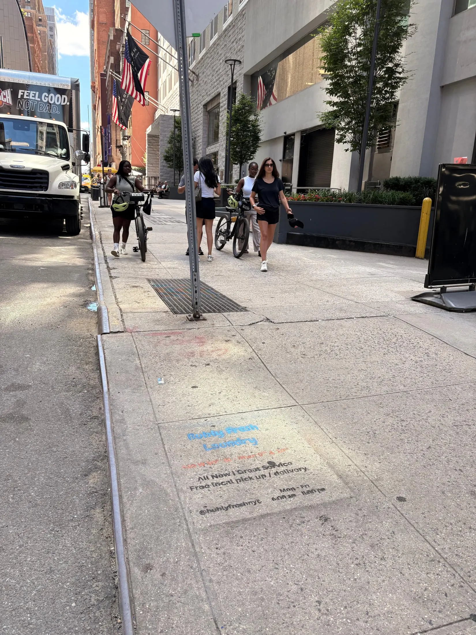 Bubly Fresh Laundry chalk sidewalk stencil in Hell's Kitchen, Manhattan (New York City, NY) by Beyond Street Media