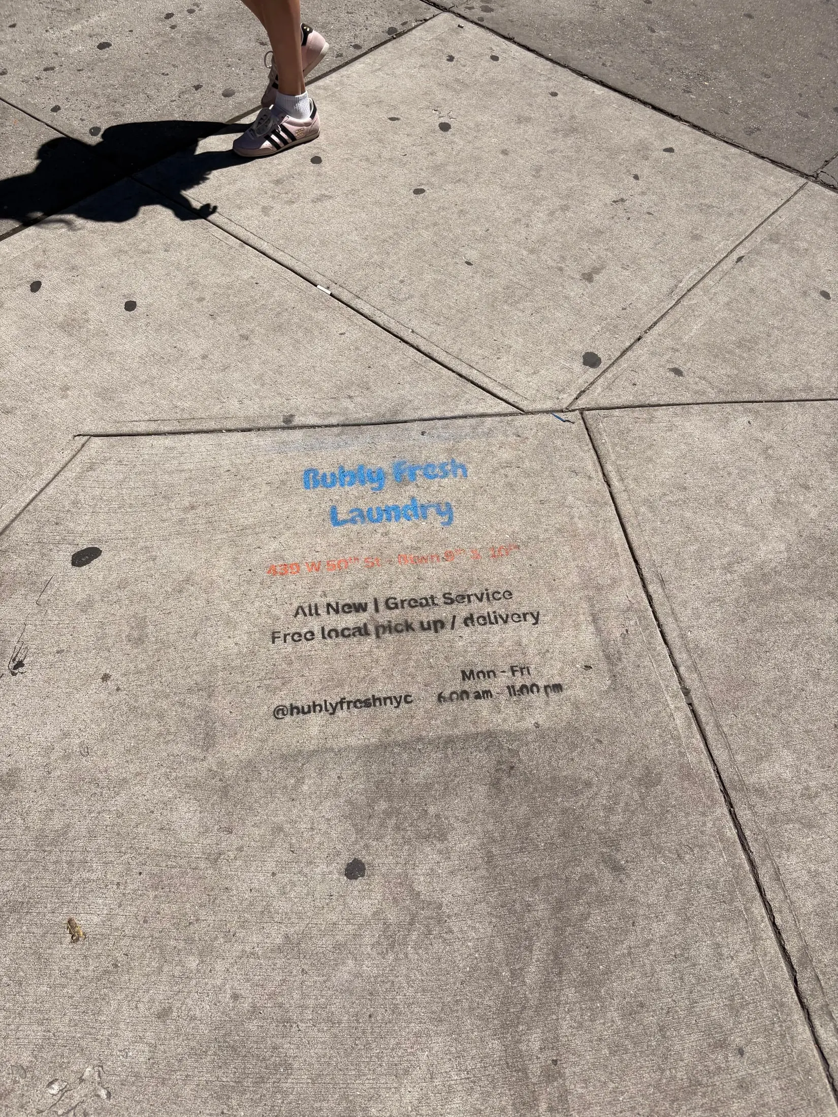 Bubly Fresh Laundry chalk sidewalk stencil in Hell's Kitchen, Manhattan (New York City, NY) by Beyond Street Media