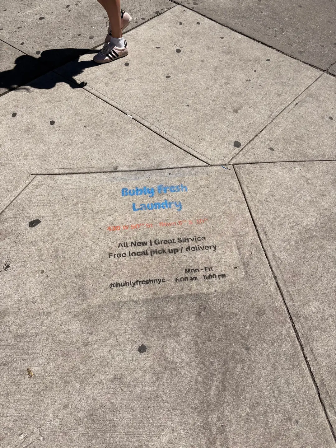 Bubly Fresh Laundry chalk sidewalk stencil in Hell's Kitchen, Manhattan (New York City, NY) by Beyond Street Media (photo 6 of 12).