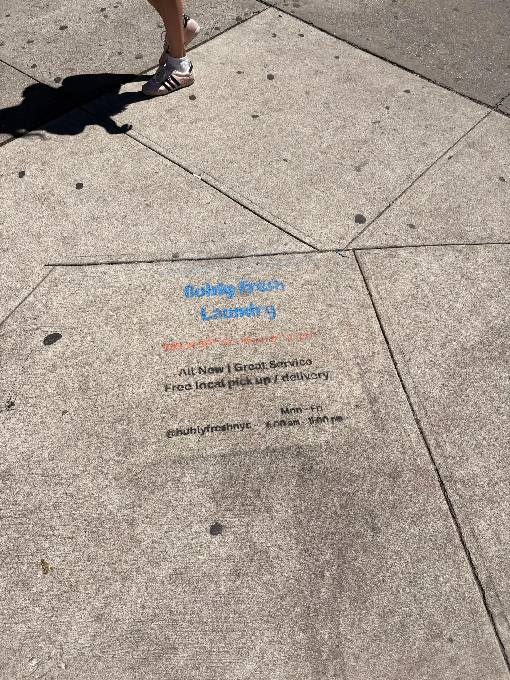Bubly Fresh Laundry chalk sidewalk stencil in Hell's Kitchen, Manhattan (New York City, NY) by Beyond Street Media