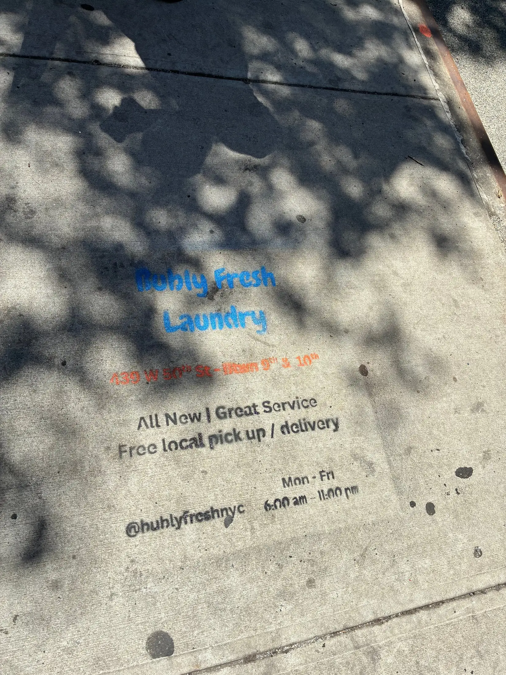 Bubly Fresh Laundry chalk sidewalk stencil in Hell's Kitchen, Manhattan (New York City, NY) by Beyond Street Media