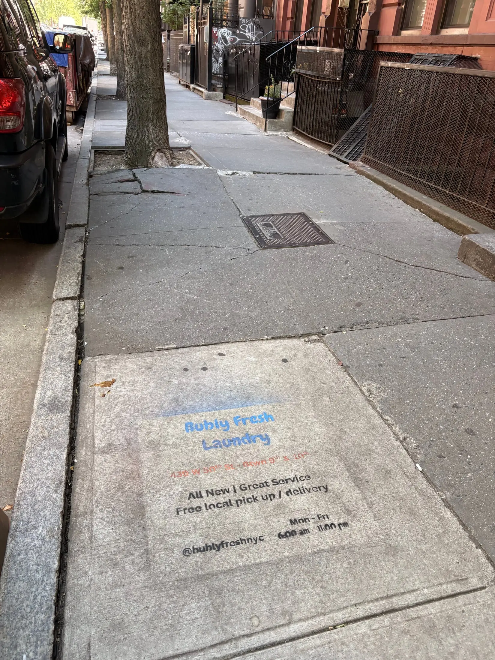 Bubly Fresh Laundry chalk sidewalk stencil in Hell's Kitchen, Manhattan (New York City, NY) by Beyond Street Media