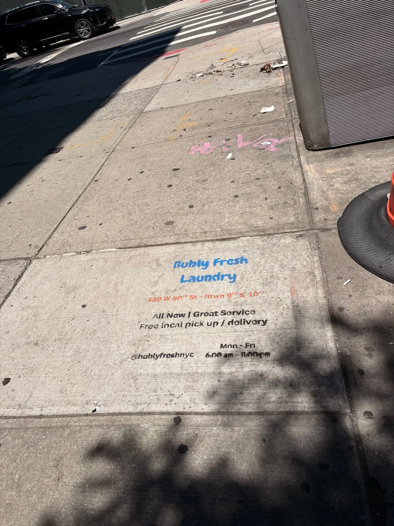 Bubly Fresh Laundry chalk sidewalk stencil in Hell's Kitchen, Manhattan (New York City, NY) by Beyond Street Media