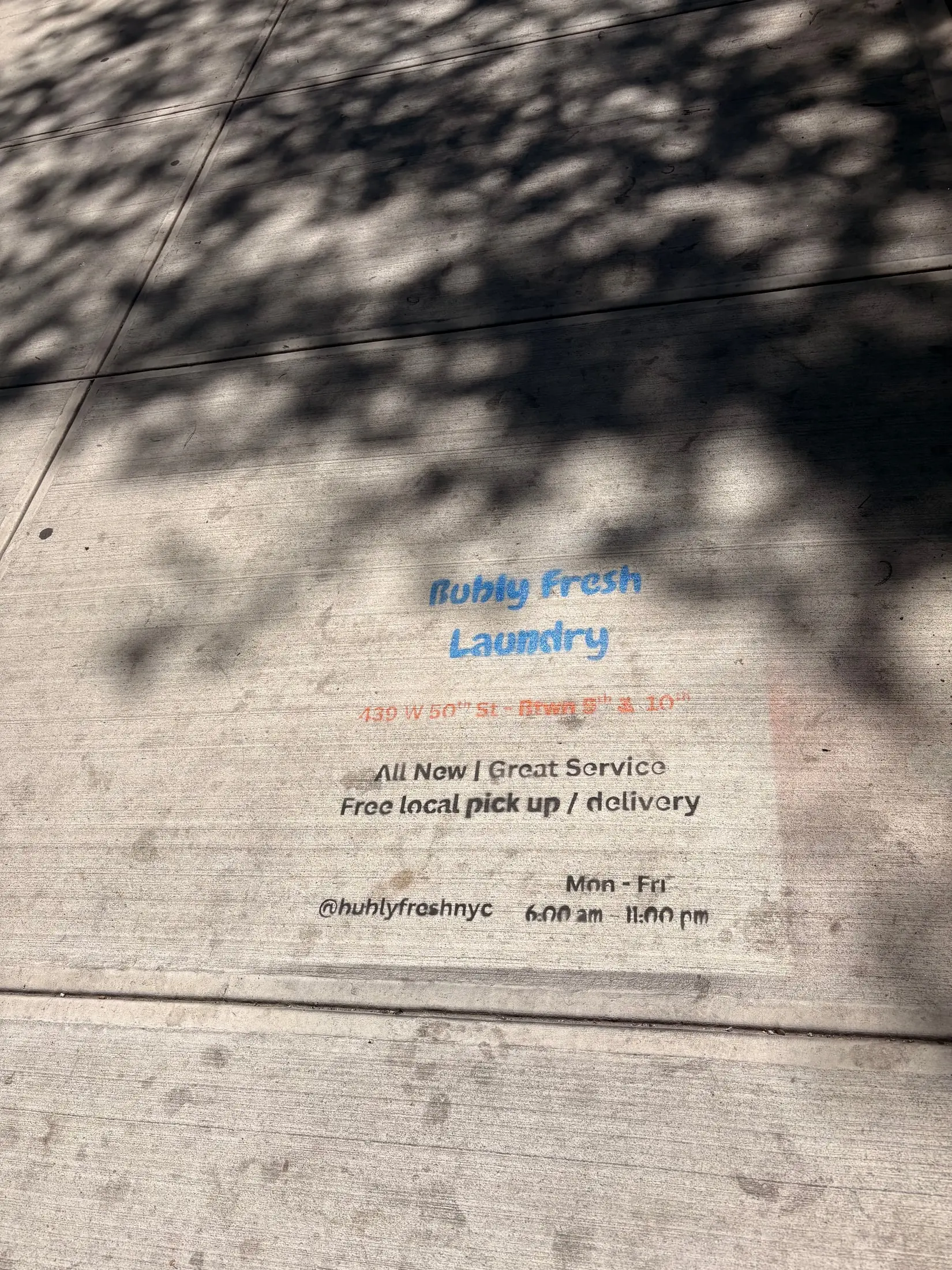 Bubly Fresh Laundry chalk sidewalk stencil in Hell's Kitchen, Manhattan (New York City, NY) by Beyond Street Media