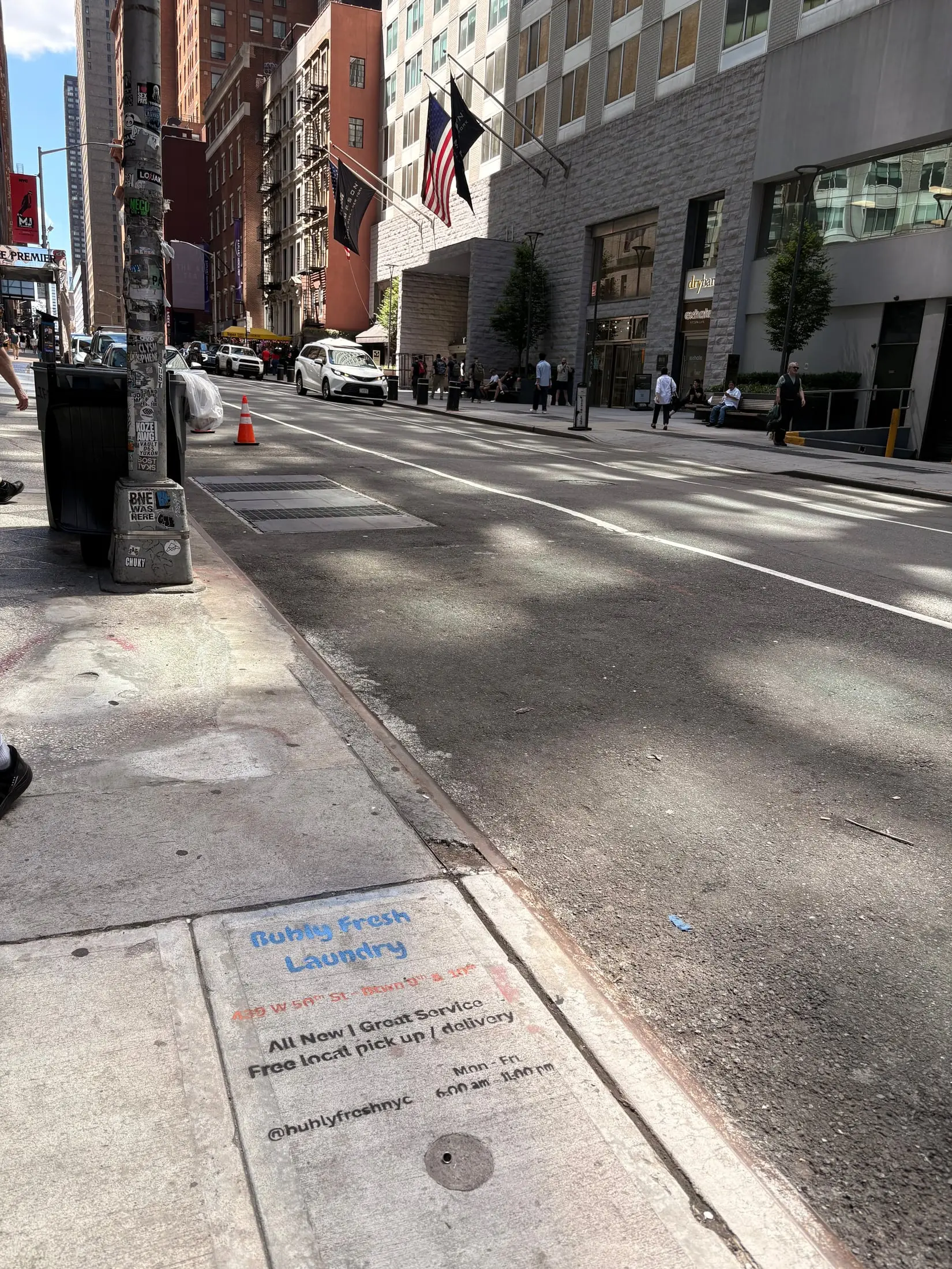 Bubly Fresh Laundry chalk sidewalk stencil in Hell's Kitchen, Manhattan (New York City, NY) by Beyond Street Media
