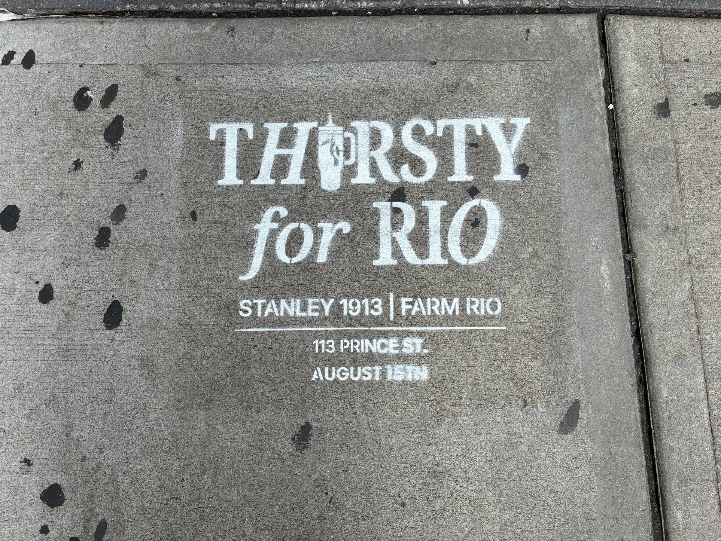 Farm Rio x Stanley 1913 Thirsty for Rio chalk stencil installed on a New York sidewalk by Beyond Street Media