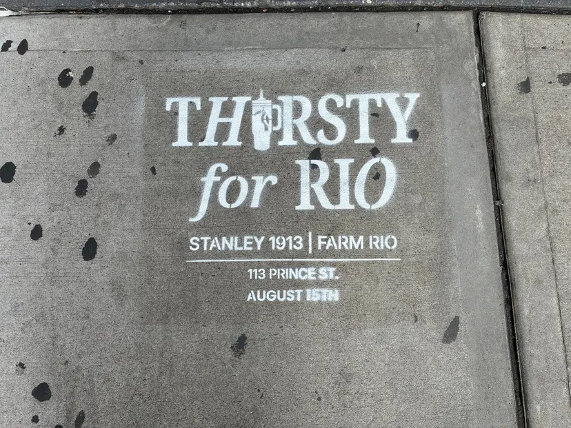 Farm Rio x Stanley 1913 Thirsty for Rio chalk stencil installed on a New York sidewalk by Beyond Street Media (photo 2 of 15).