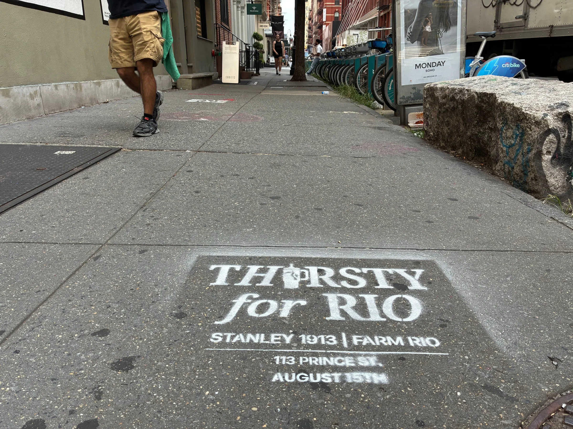 Farm Rio x Stanley 1913 Thirsty for Rio chalk stencil installed on a New York sidewalk by Beyond Street Media