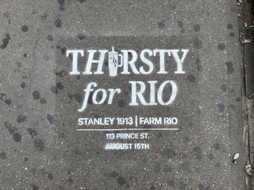 Farm Rio x Stanley 1913 Thirsty for Rio chalk stencil installed on a New York sidewalk by Beyond Street Media (photo 6 of 15).