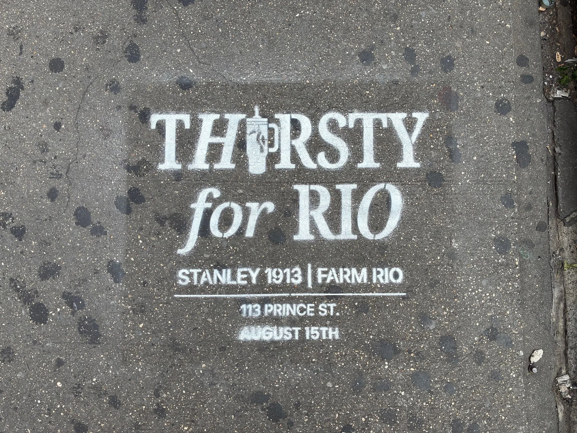 Farm Rio x Stanley 1913 Thirsty for Rio chalk stencil installed on a New York sidewalk by Beyond Street Media