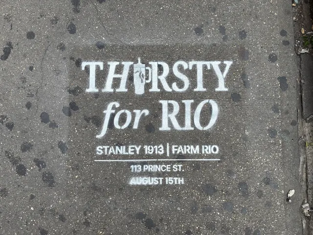 Farm Rio x Stanley 1913 Thirsty for Rio chalk stencil installed on a New York sidewalk by Beyond Street Media