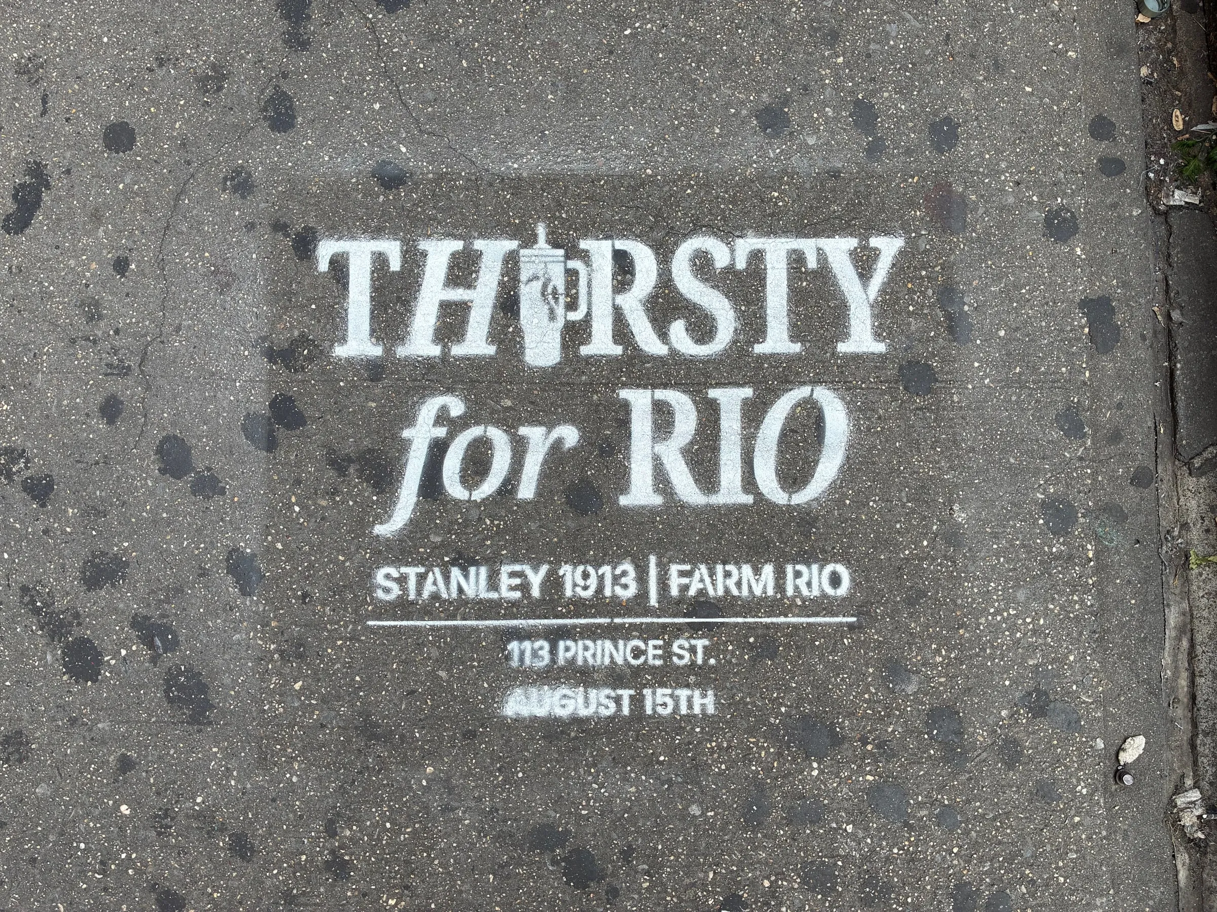 Farm Rio x Stanley 1913 Thirsty for Rio chalk stencil installed on a New York sidewalk by Beyond Street Media