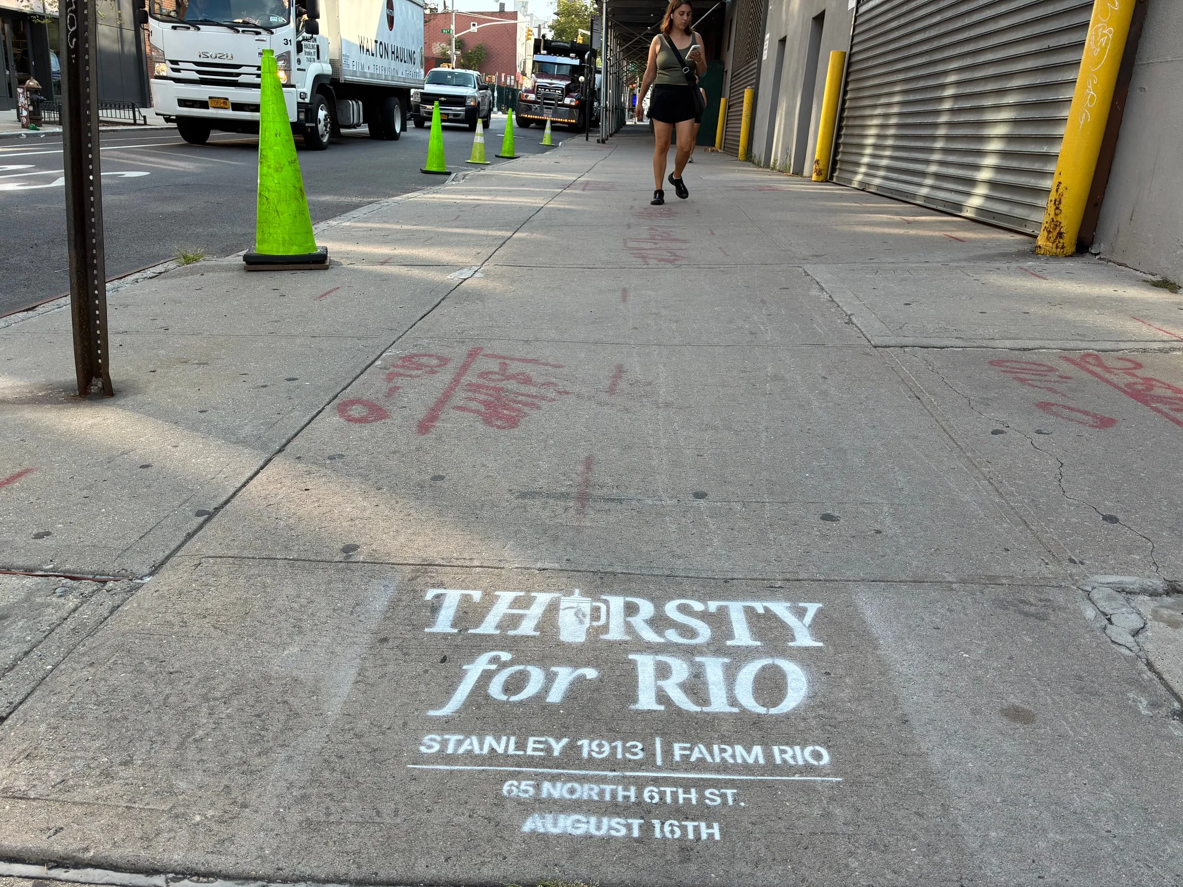Farm Rio x Stanley 1913 Thirsty for Rio chalk stencil installed on a New York sidewalk by Beyond Street Media