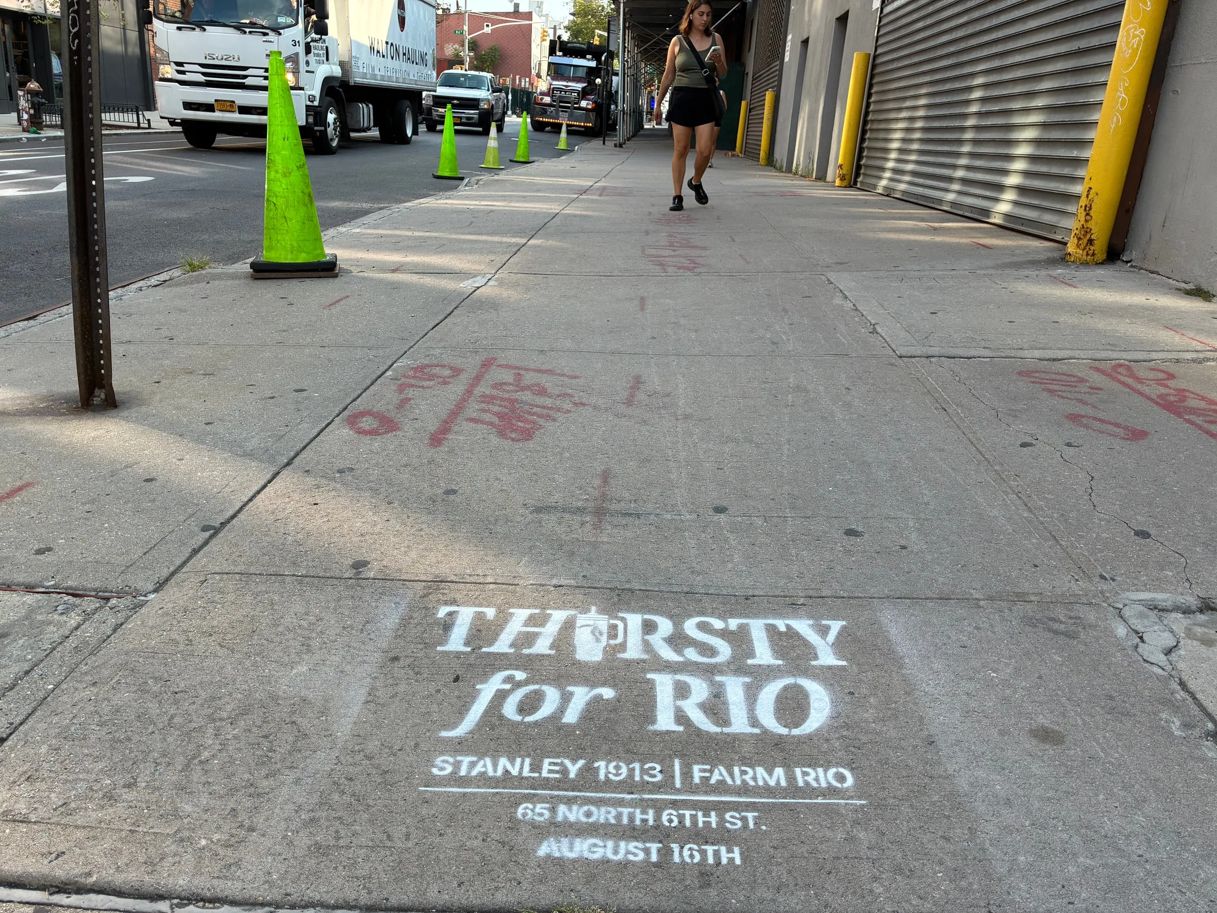 Farm Rio x Stanley 1913 Thirsty for Rio chalk stencil installed on a New York sidewalk by Beyond Street Media