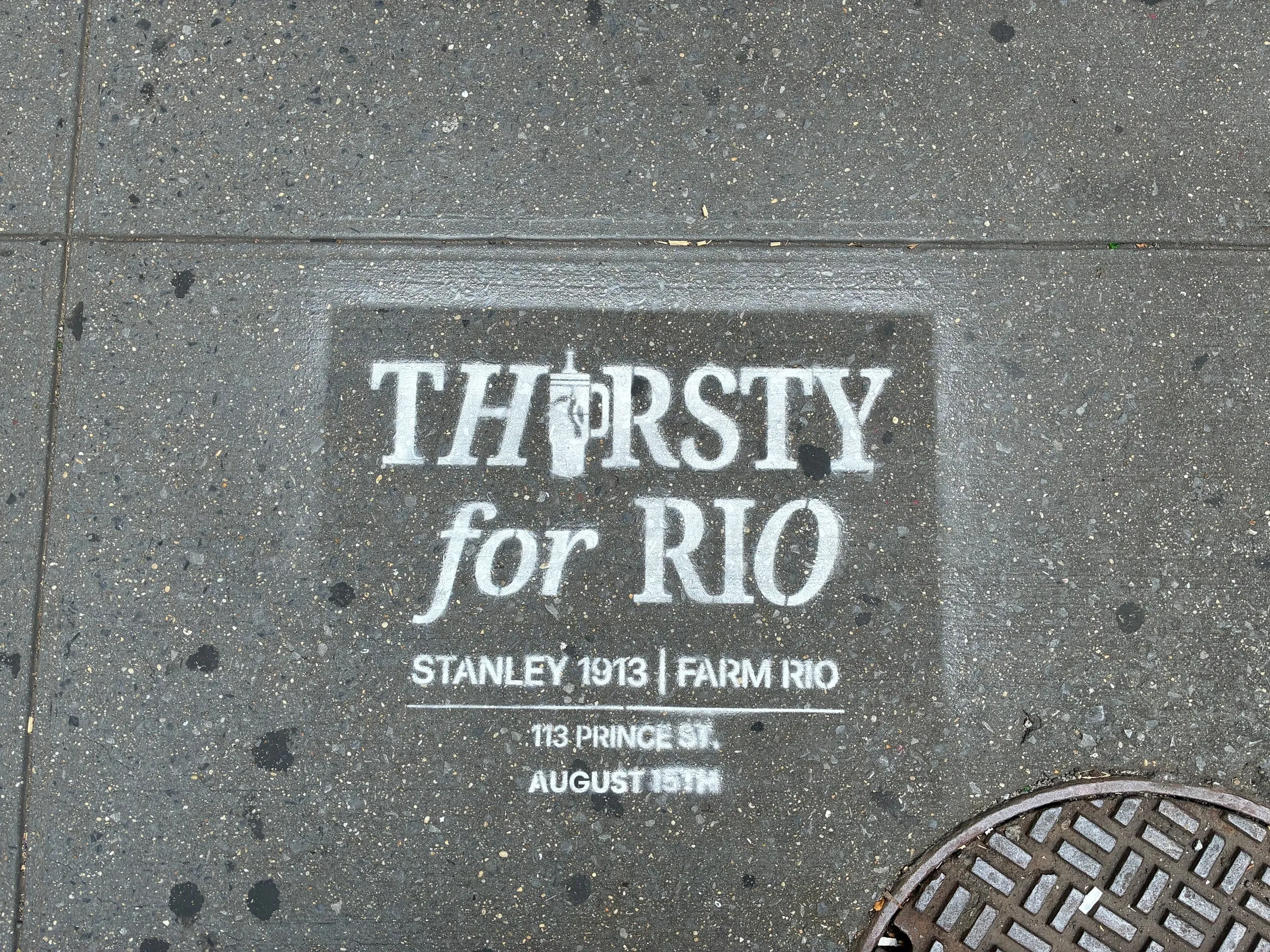 Farm Rio x Stanley 1913 Thirsty for Rio chalk stencil installed on a New York sidewalk by Beyond Street Media