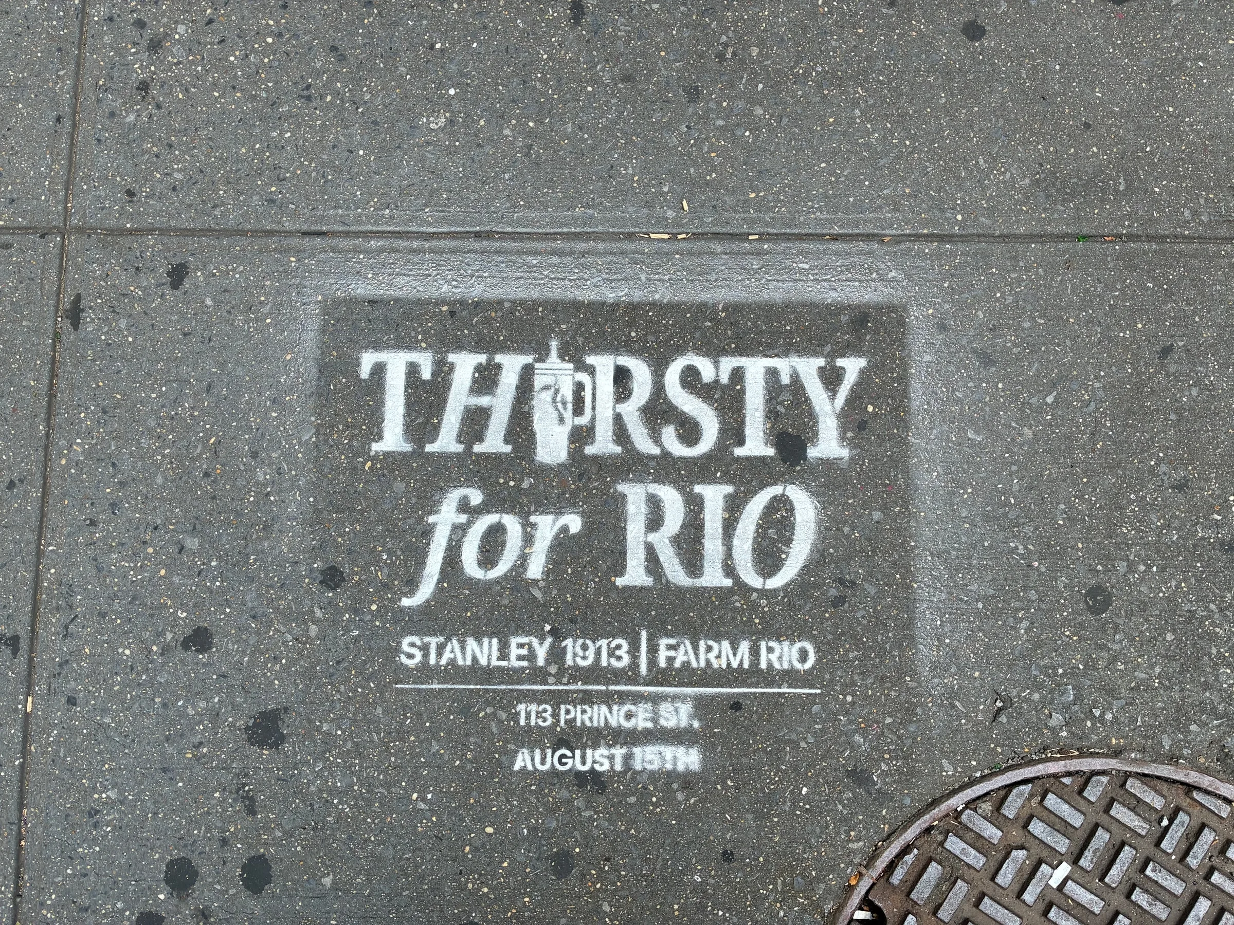 Farm Rio x Stanley 1913 Thirsty for Rio chalk stencil installed on a New York sidewalk by Beyond Street Media