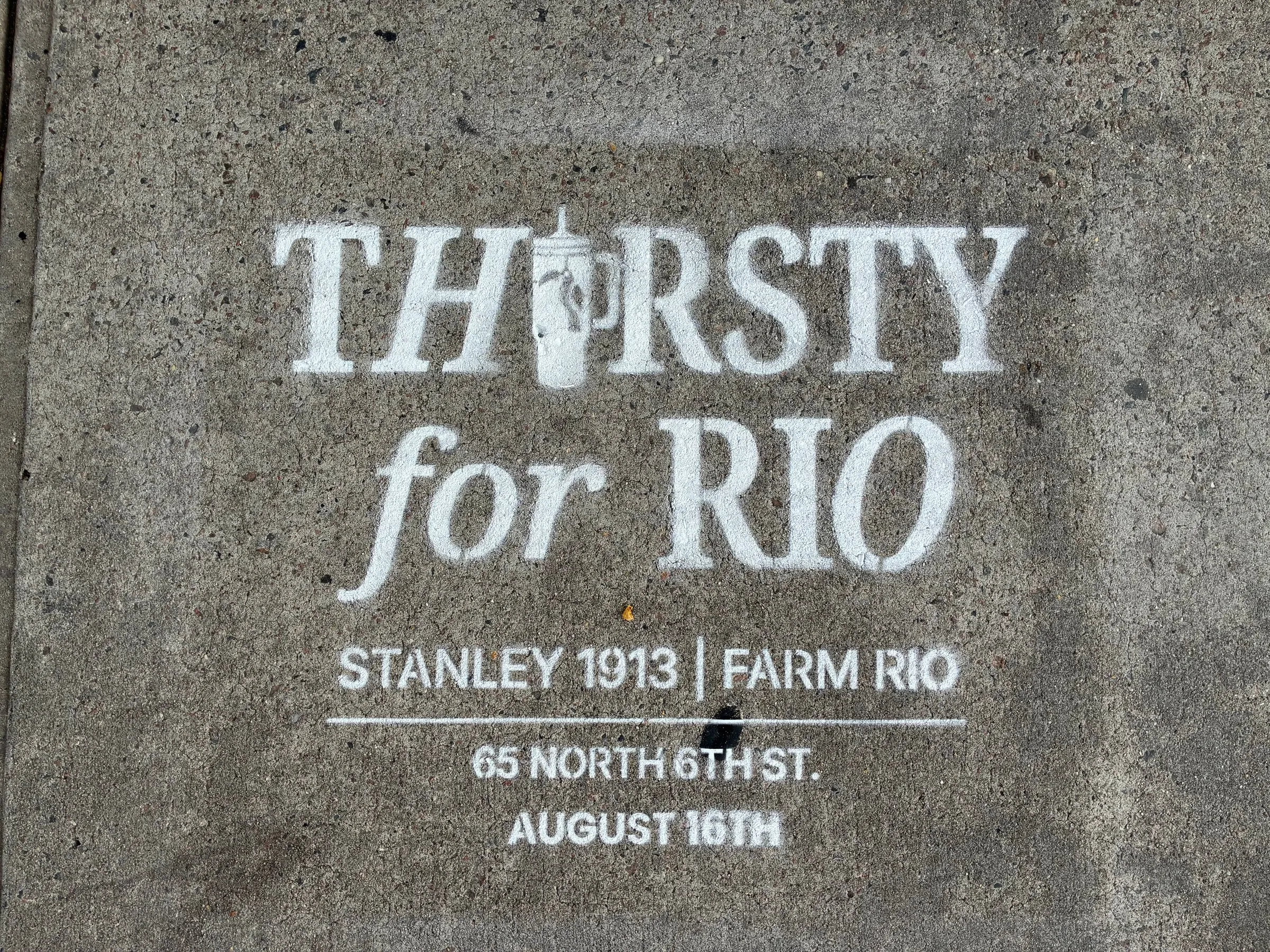 Farm Rio x Stanley 1913 Thirsty for Rio chalk stencil installed on a New York sidewalk by Beyond Street Media
