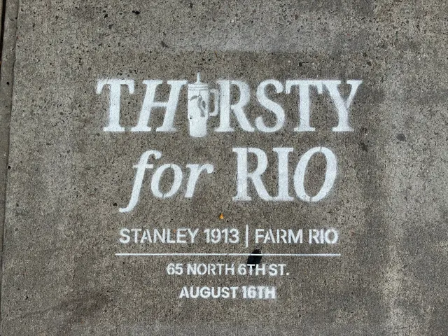Farm Rio x Stanley 1913 Thirsty for Rio chalk stencil installed on a New York sidewalk by Beyond Street Media