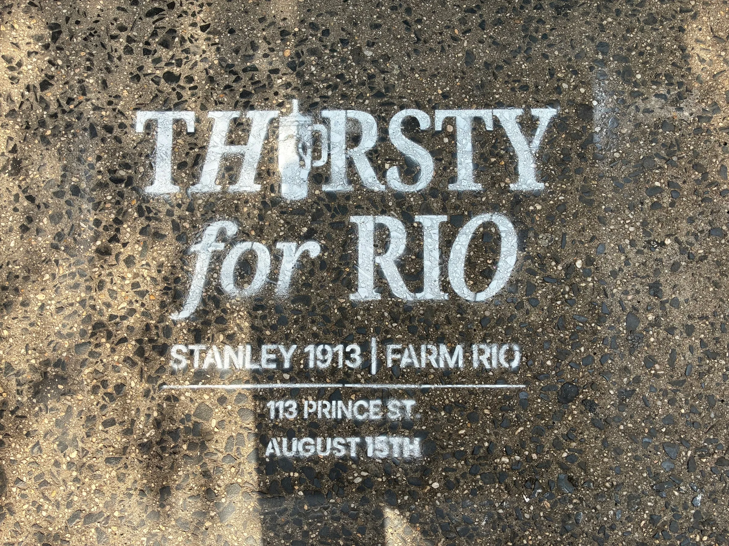 Farm Rio x Stanley 1913 Thirsty for Rio chalk stencil installed on a New York sidewalk by Beyond Street Media