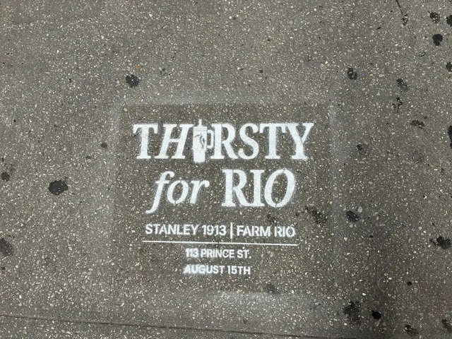 Farm Rio x Stanley 1913 Thirsty for Rio chalk stencil installed on a New York sidewalk by Beyond Street Media
