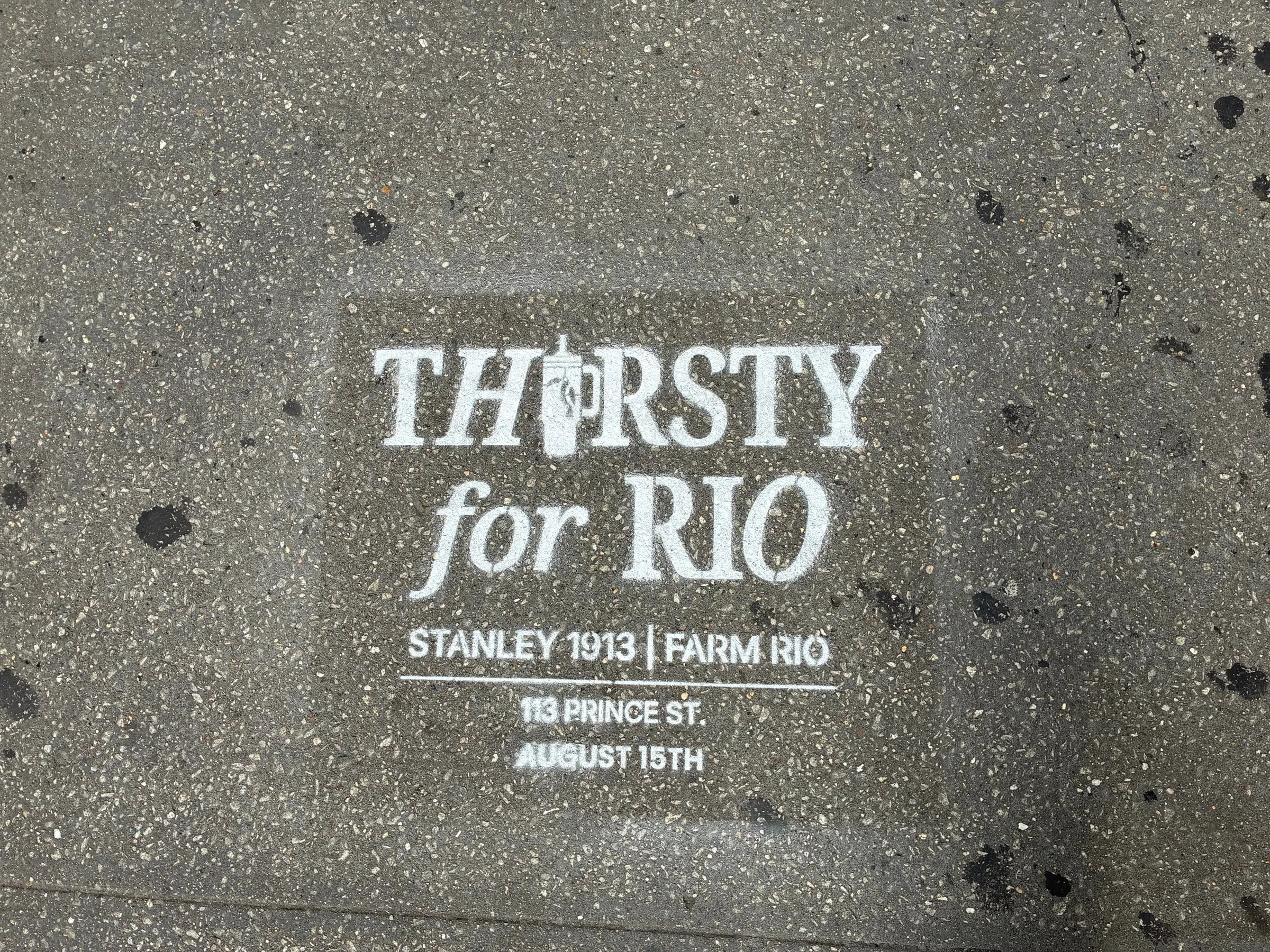 Farm Rio x Stanley 1913 Thirsty for Rio chalk stencil installed on a New York sidewalk by Beyond Street Media