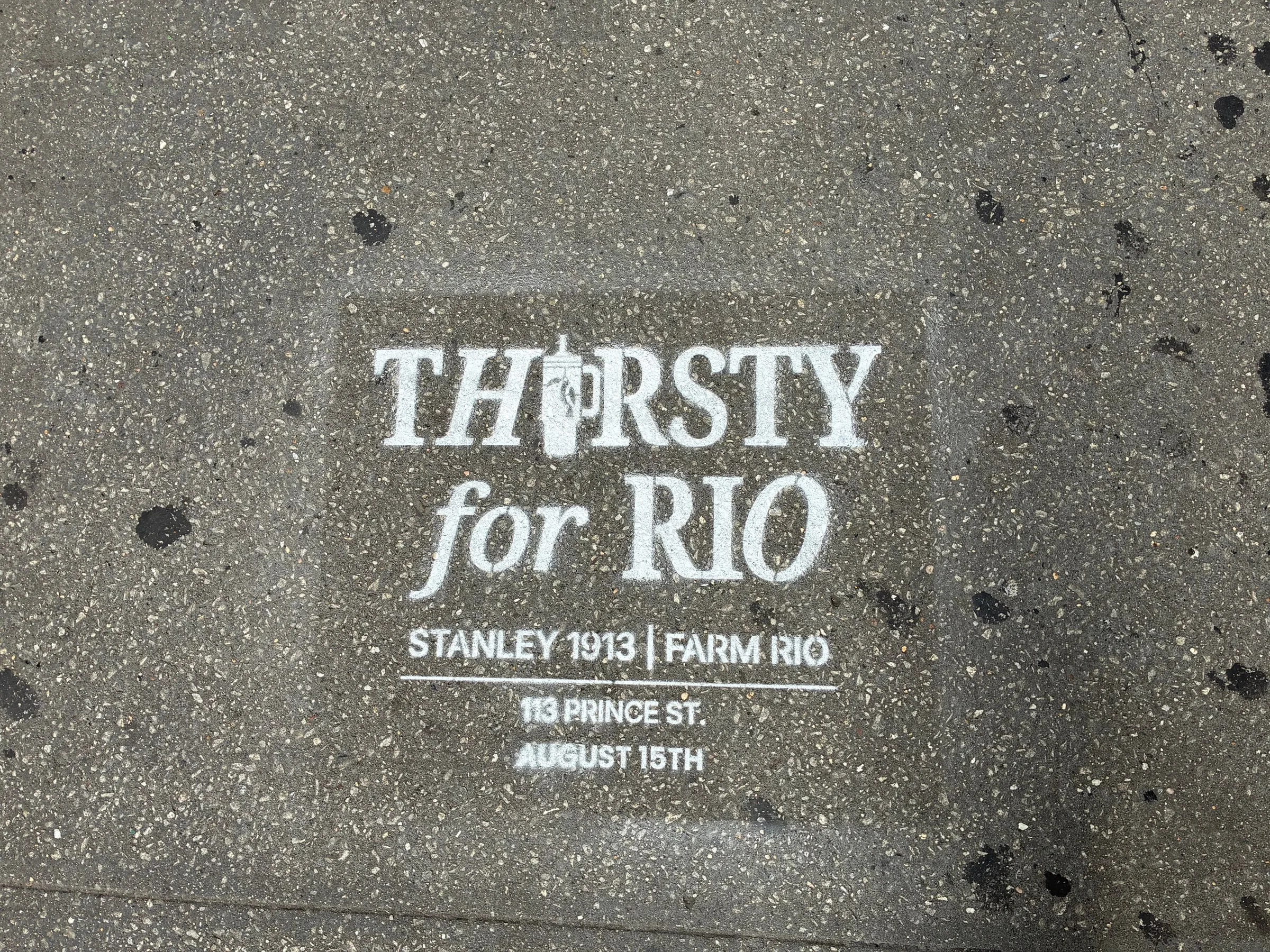 Farm Rio x Stanley 1913 Thirsty for Rio chalk stencil installed on a New York sidewalk by Beyond Street Media