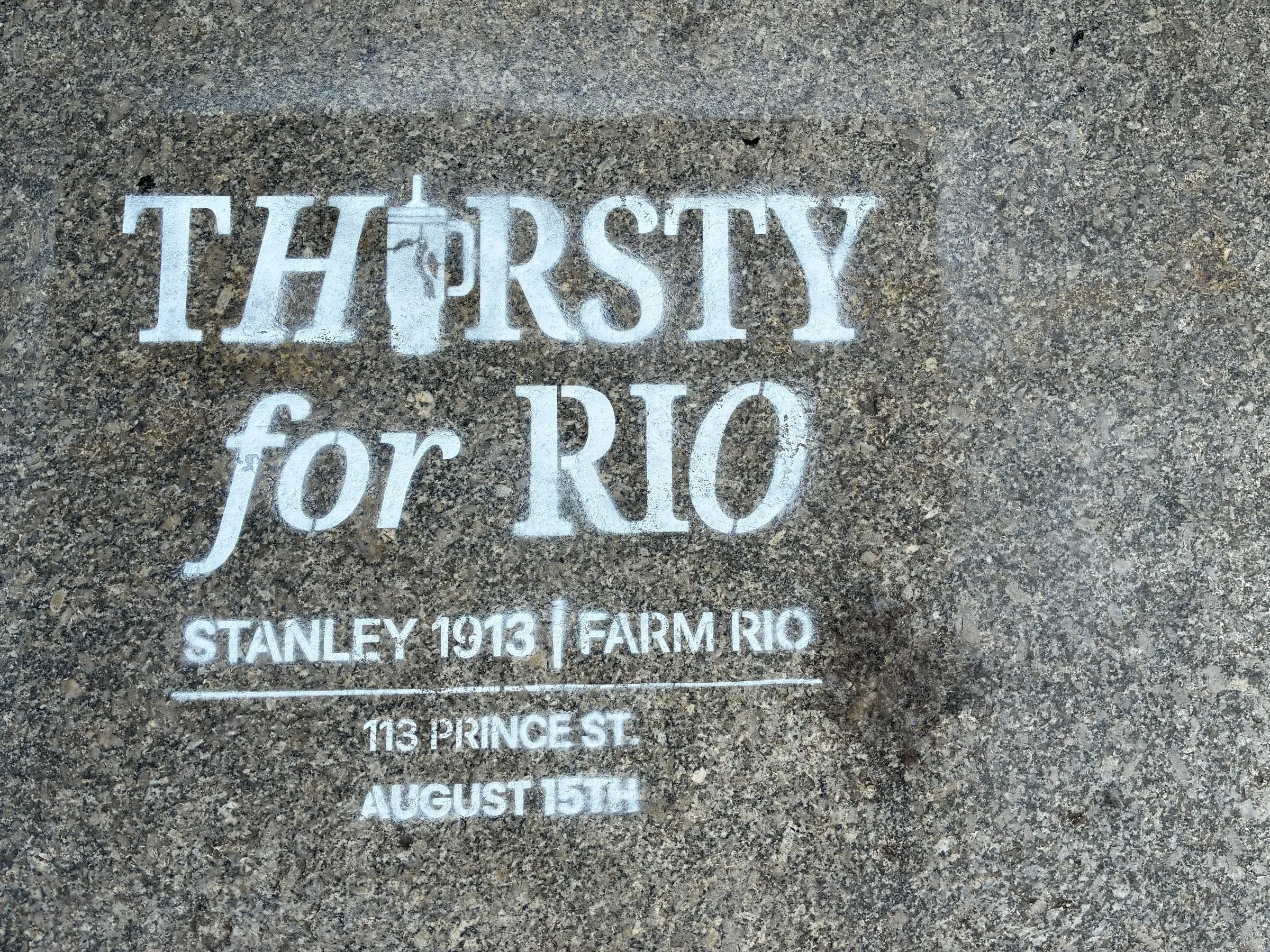 Farm Rio x Stanley 1913 Thirsty for Rio chalk stencil installed on a New York sidewalk by Beyond Street Media