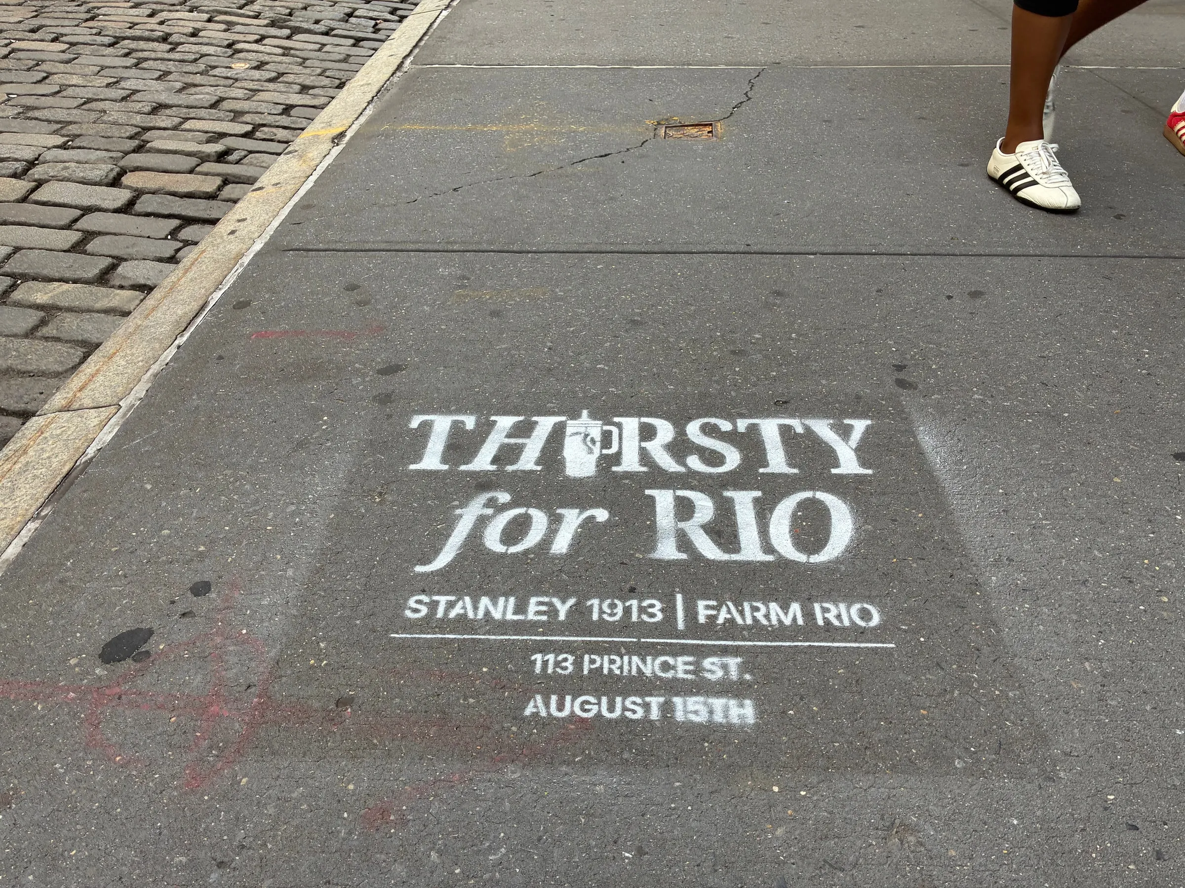Farm Rio x Stanley 1913 Thirsty for Rio chalk stencil installed on a New York sidewalk by Beyond Street Media