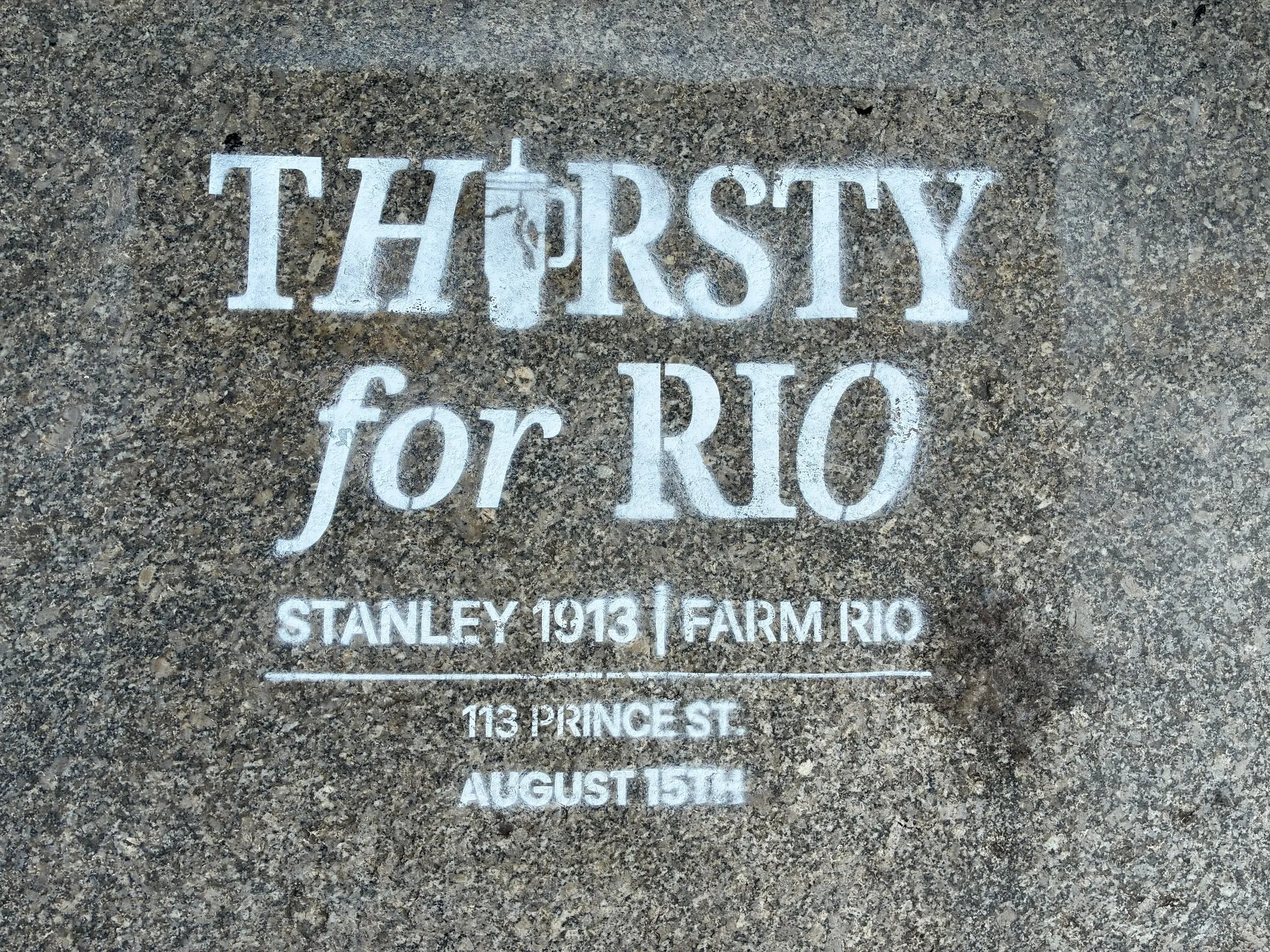 Farm Rio x Stanley 1913 Thirsty for Rio chalk stencil installed on a New York sidewalk by Beyond Street Media