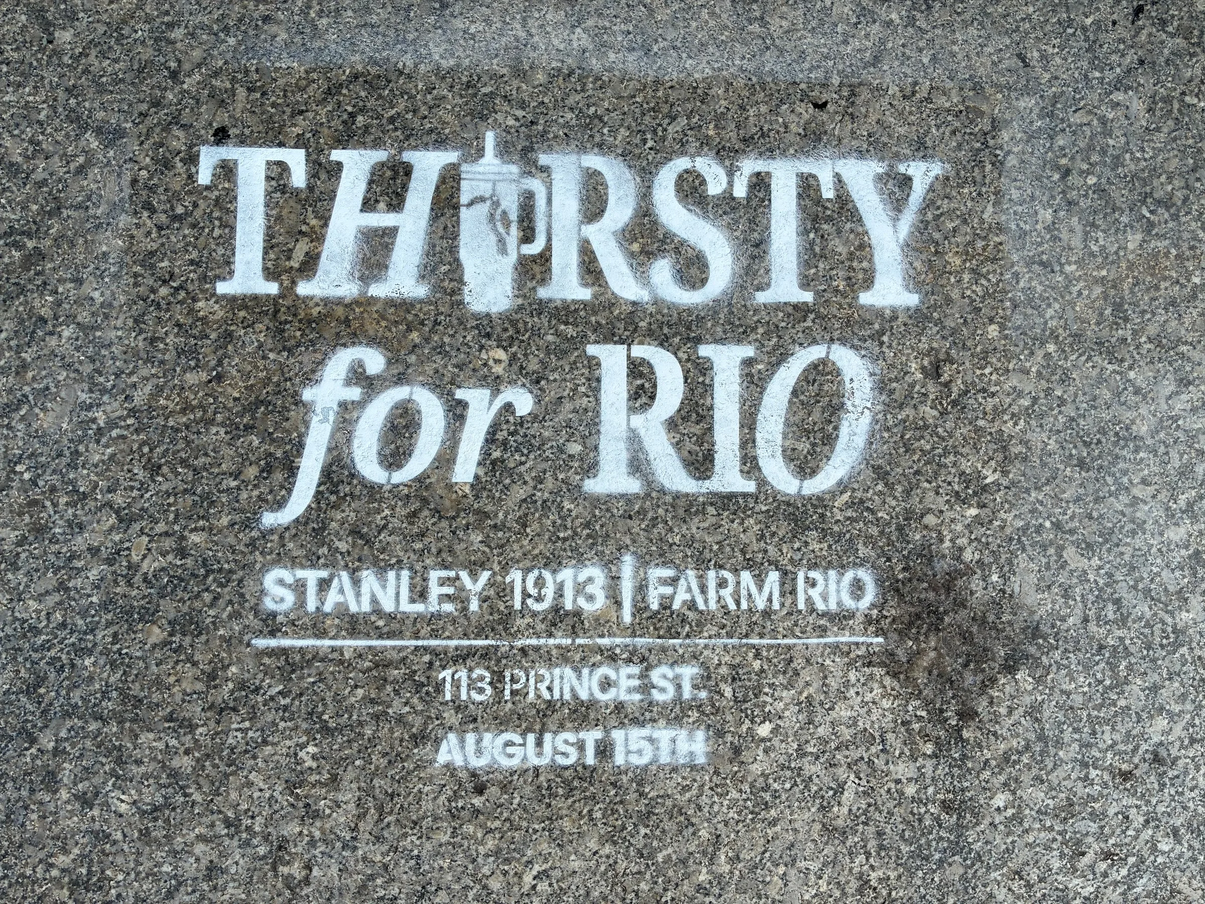 Farm Rio x Stanley 1913 Thirsty for Rio chalk stencil installed on a New York sidewalk by Beyond Street Media