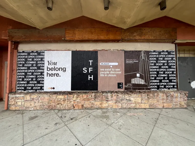 Jumbo custom-branded posters for The Father's House SF covering a street-level wall on Ocean Avenue in San Francisco, CA by Beyond Street Media