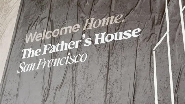 Jumbo custom-branded posters for The Father's House SF covering a street-level wall on Ocean Avenue in San Francisco, CA by Beyond Street Media