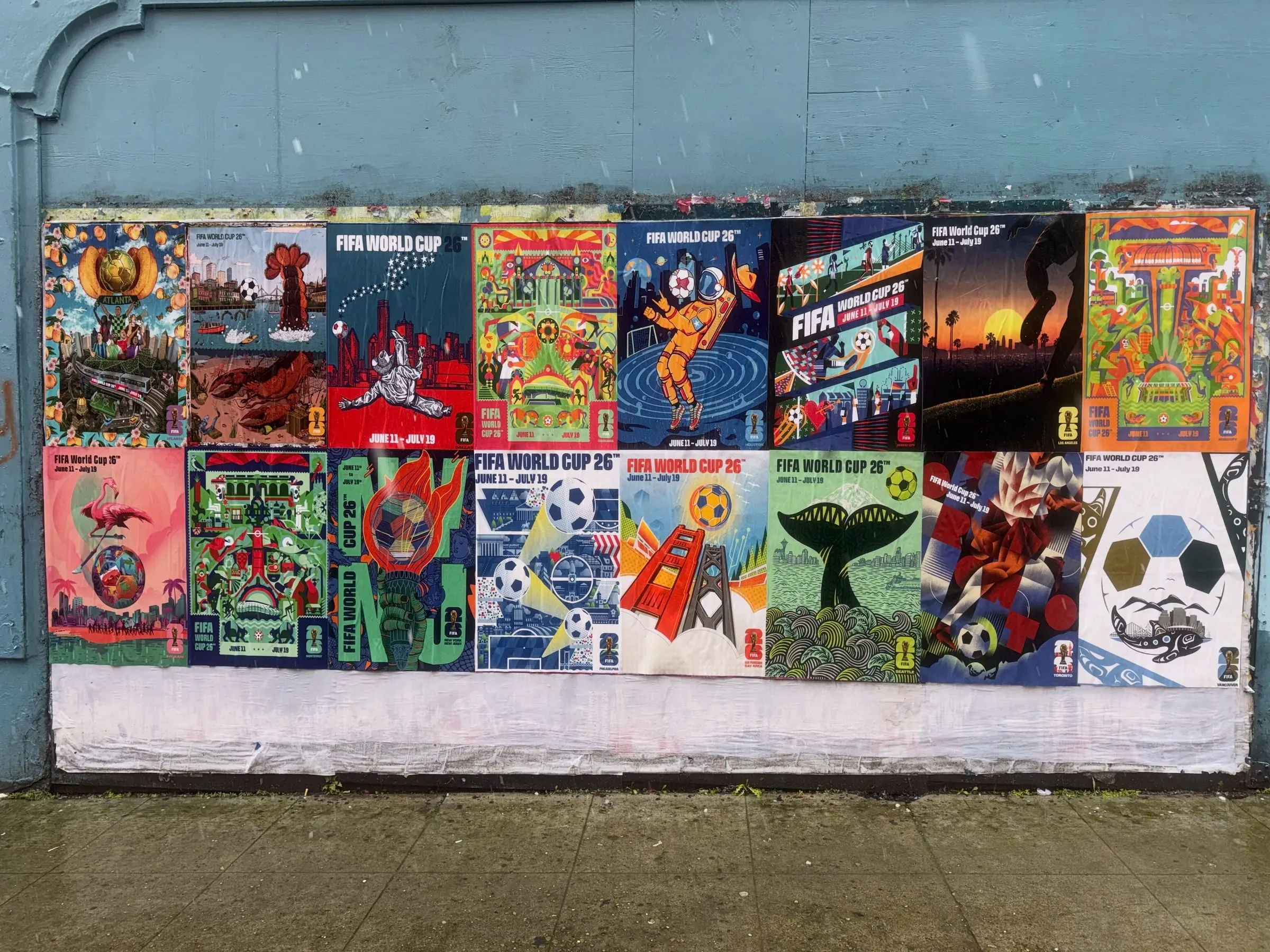 FIFA World Cup 2026 wheatpaste poster campaign installed by Beyond Street Media, Seattle city-specific poster on documented walls