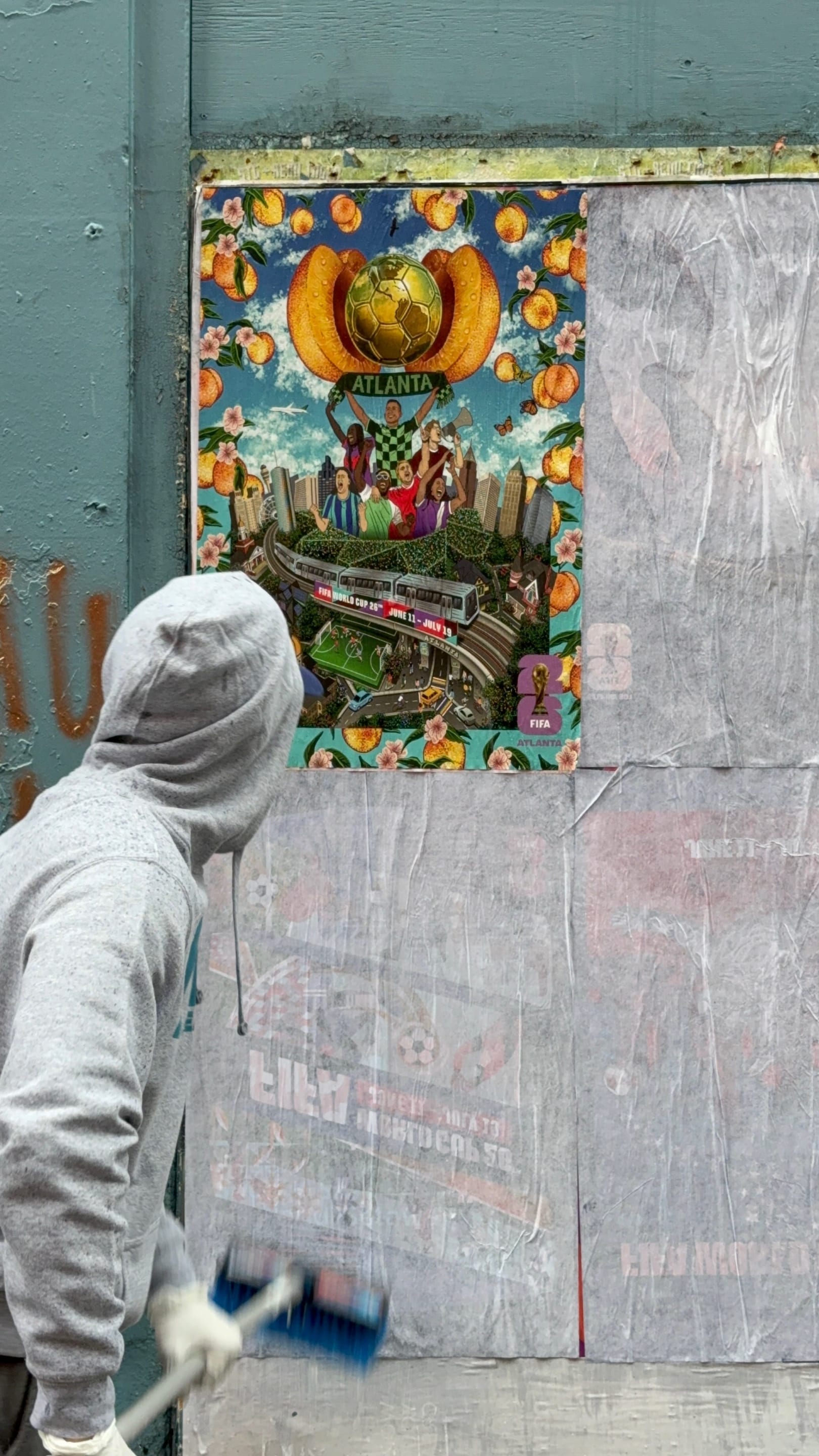 FIFA World Cup 2026 wheatpaste poster campaign installed by Beyond Street Media, Seattle city-specific poster on documented walls