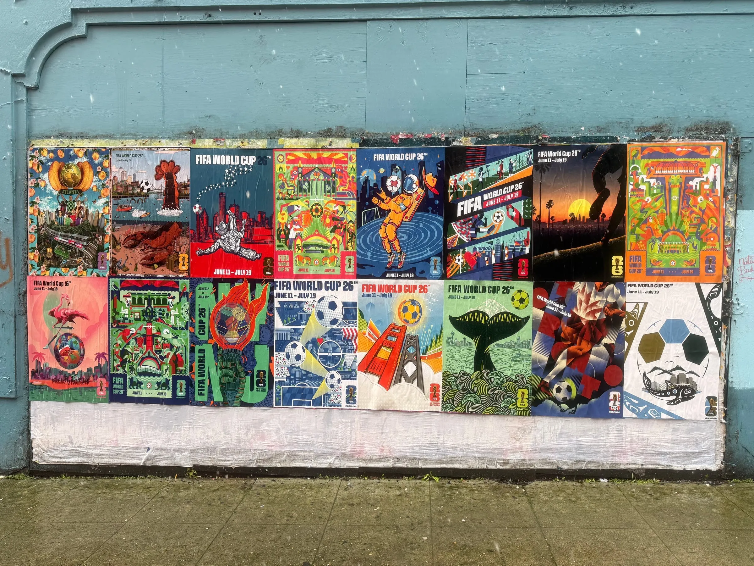 FIFA World Cup 2026 wheatpaste poster campaign installed by Beyond Street Media, Seattle city-specific poster on documented walls