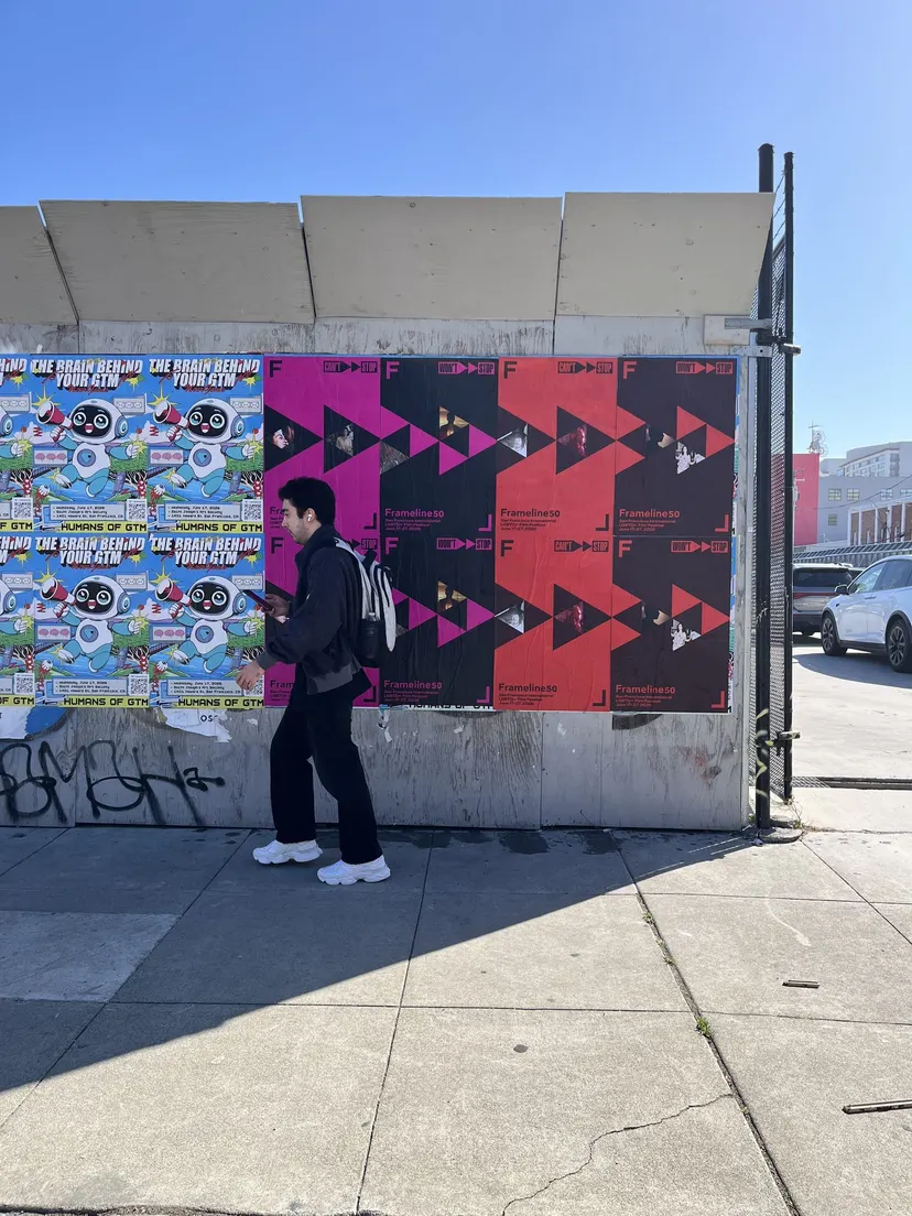 Frameline50 LGBTQ+ film festival wheatpaste posters in San Francisco, documented street install, by Beyond Street Media (photo 1 of 10).